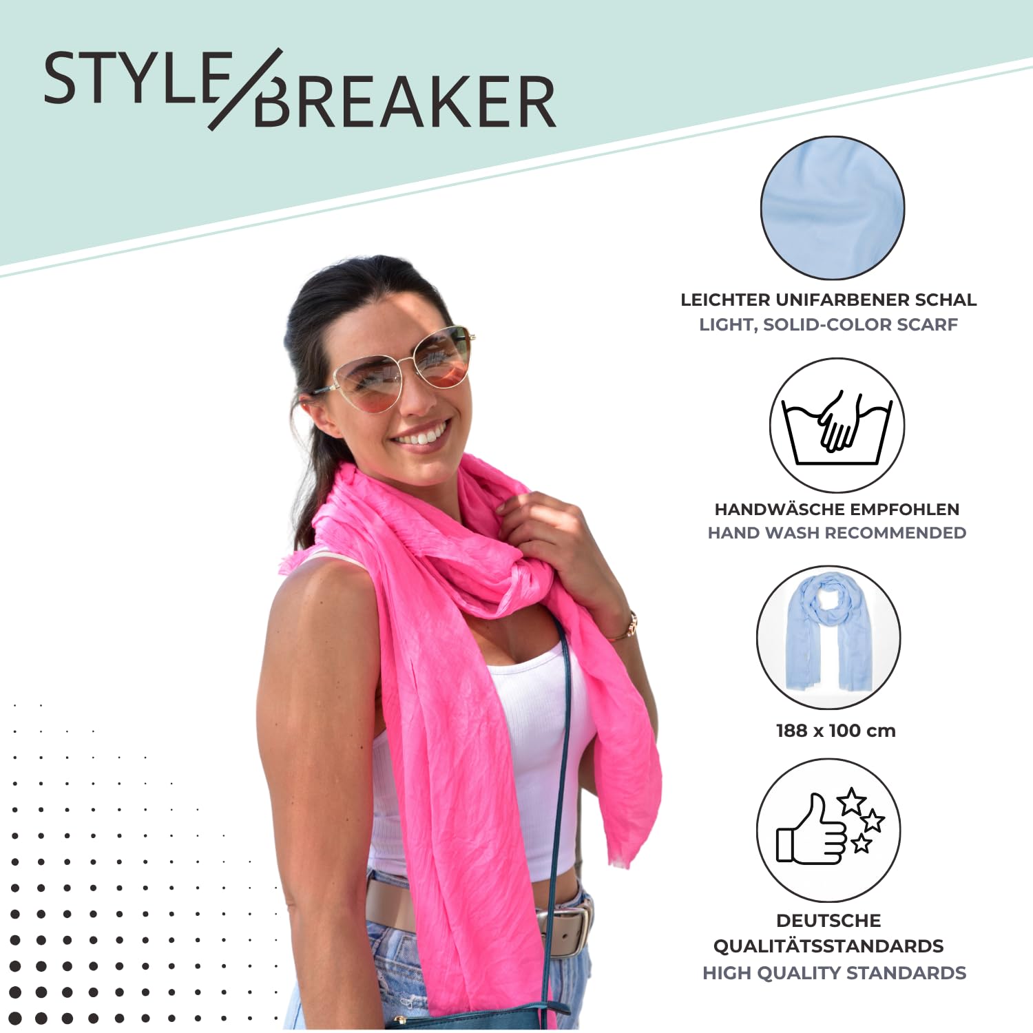 styleBREAKER chal ligero y semitransparente para mujer con flecos cortos | foulard liso para primavera y verano | pañuelo suave y amplio para hombros 188 x 100 cm