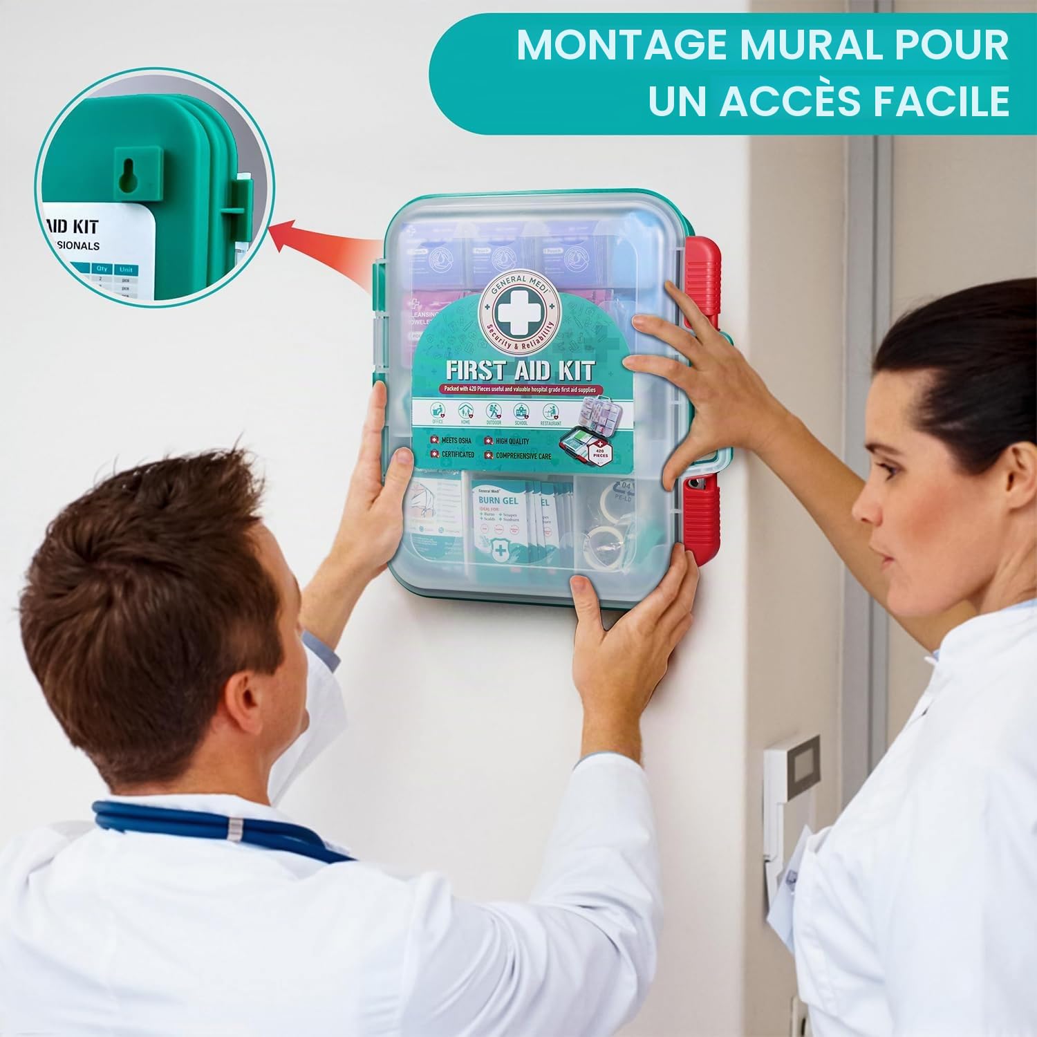 General Medi Kit de premiers secours professionnel 420 pièces – Boîte de premiers secours rigide – Contient des fournitures médicales de qualité supérieure pour voyage, maison, bureau, véhicule
