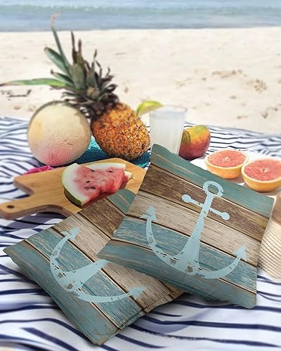 Miniatura 3 de Funda de almohada para exteriores, diseño de ancla verde azulado en tabla de madera de granja, fundas de cojín impermeables, paquete de 2 fundas de