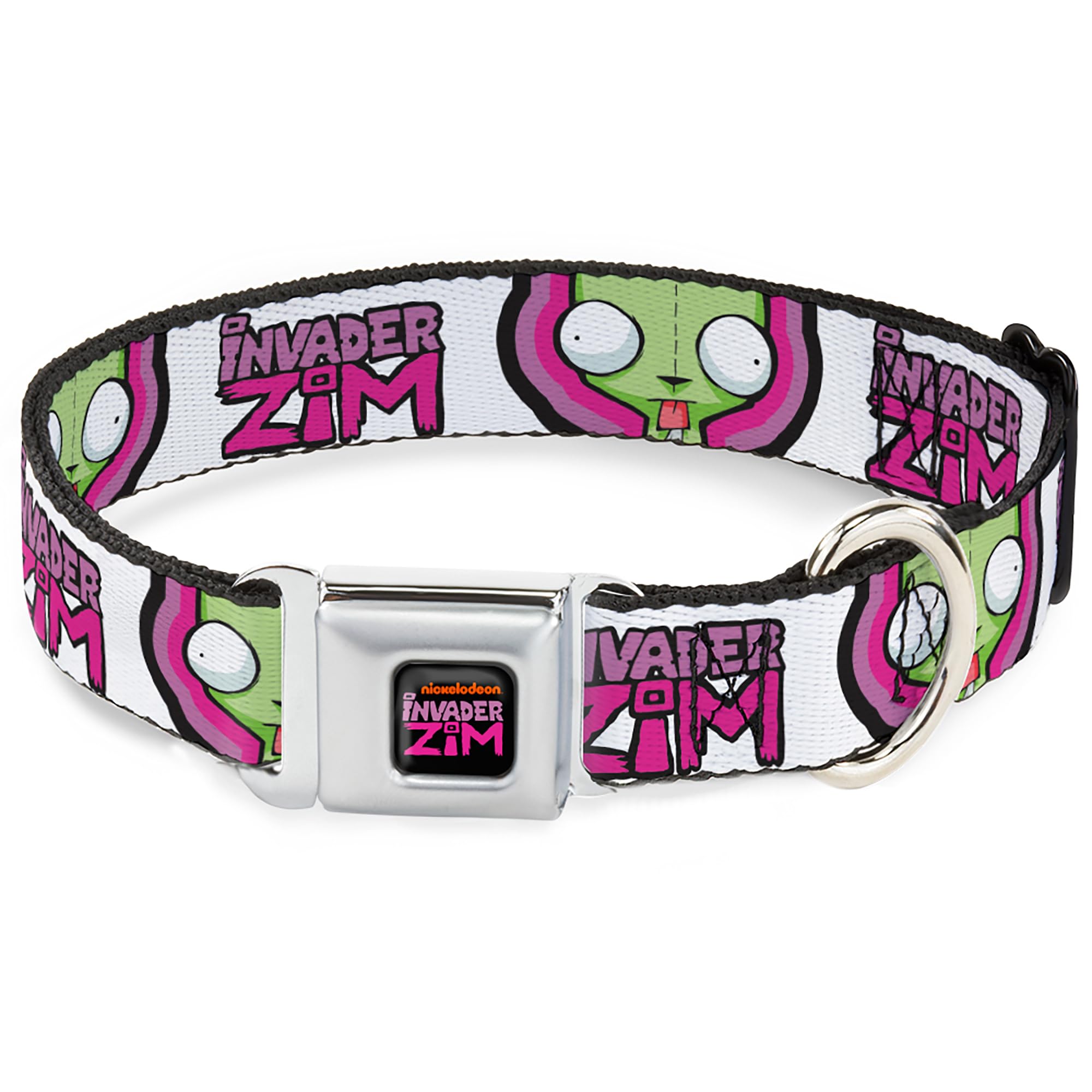 Nickelodeon Pet Collar, Dog Collar Metal Seatbelt Buckle, Invader Zim Title Logo and Gir Pose Close Up White Pinks, 15 to 24 Inches 1.0 Inch Wide