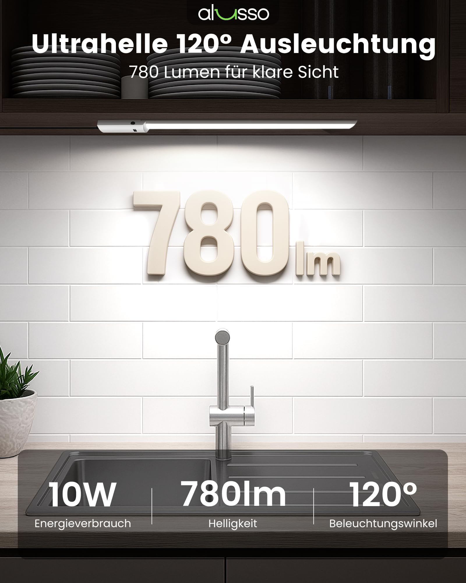 ALUSSO 60cm Unterbauleuchte küche LED Dimmbar, 3 Farbtemperatur Lichtleiste mit Berührungsloser Sensor, Ultra Dünn Unterschrank Beleuchtung für Schrank, Regale, Werkbank, 780Lumen