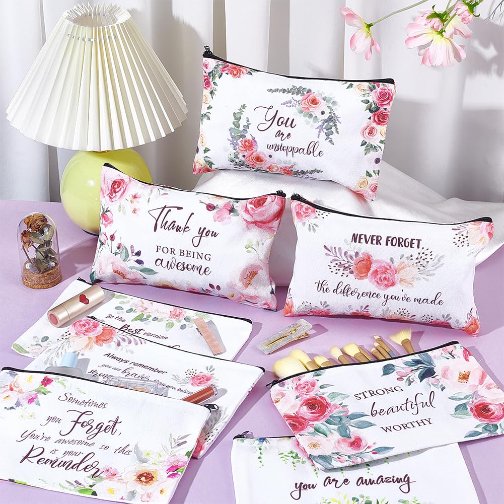 16PCS Canvas Cosmetic Bags Bulk Inspirational Quotes Makeup Bags for Women Encouragement Travel Pouch with Zipper Flower Cosmetic Pouch for Christmas Friendgiving Friend Gifts - Image 2