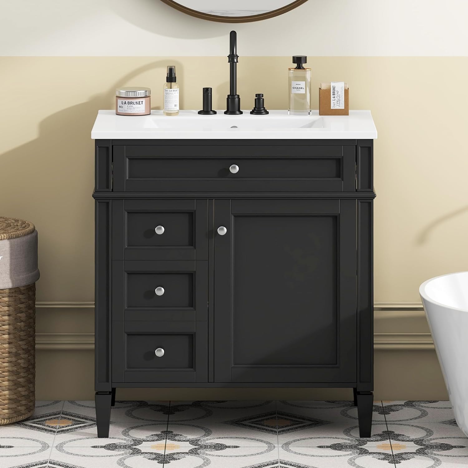 Virubi 30" Bathroom Vanity with Ceramic Sink, Modern Freestanding Storage Cabinet with 1 Door, 2 Drawers & Tip-Out Drawer, Solid Wood Frame