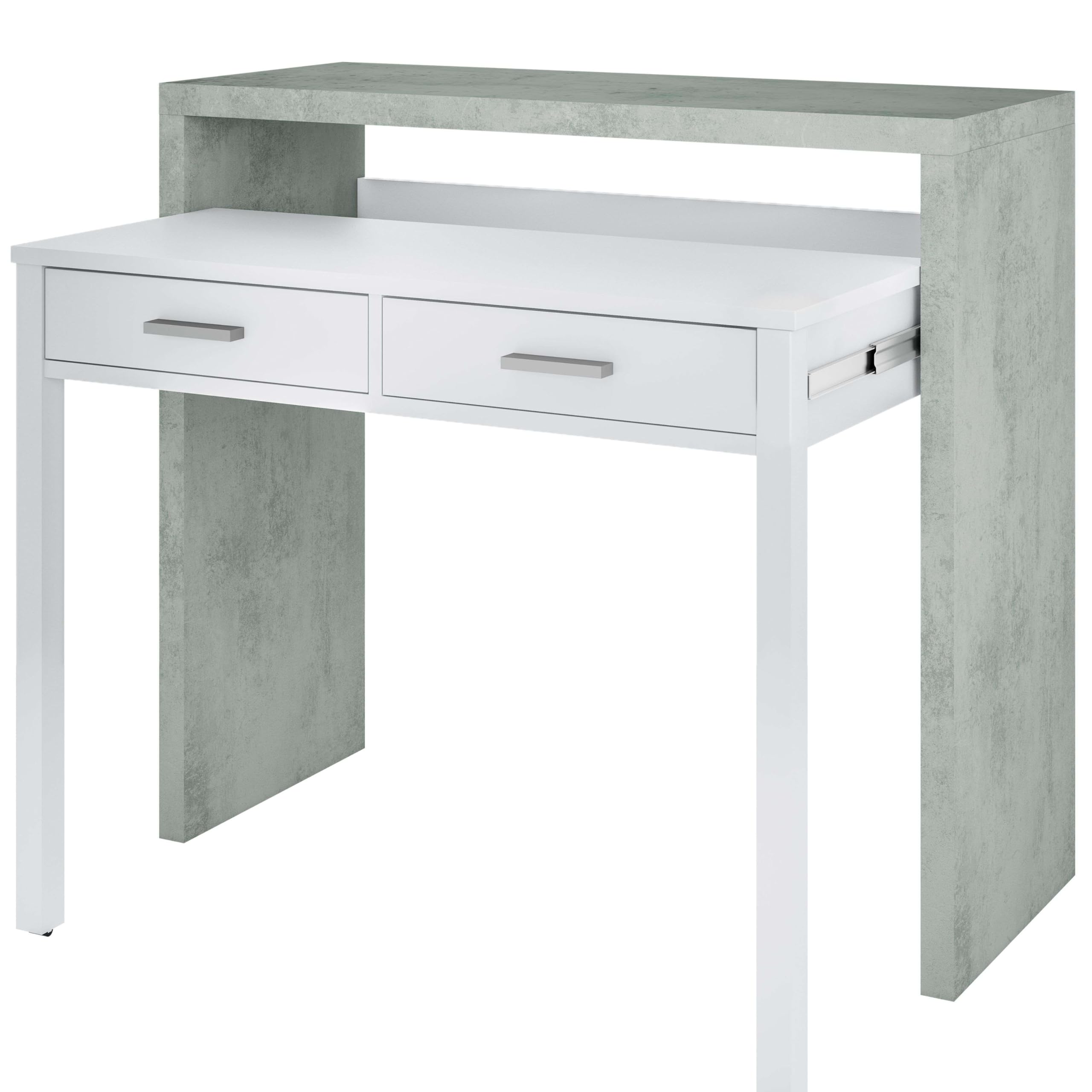 Habitdesign Weiß Schreibtisch, Computertisch, Konsole, Artik Und Zementgrau, Maße: 98,5 X 87,5 X 36-70 Cm (B X H X T)