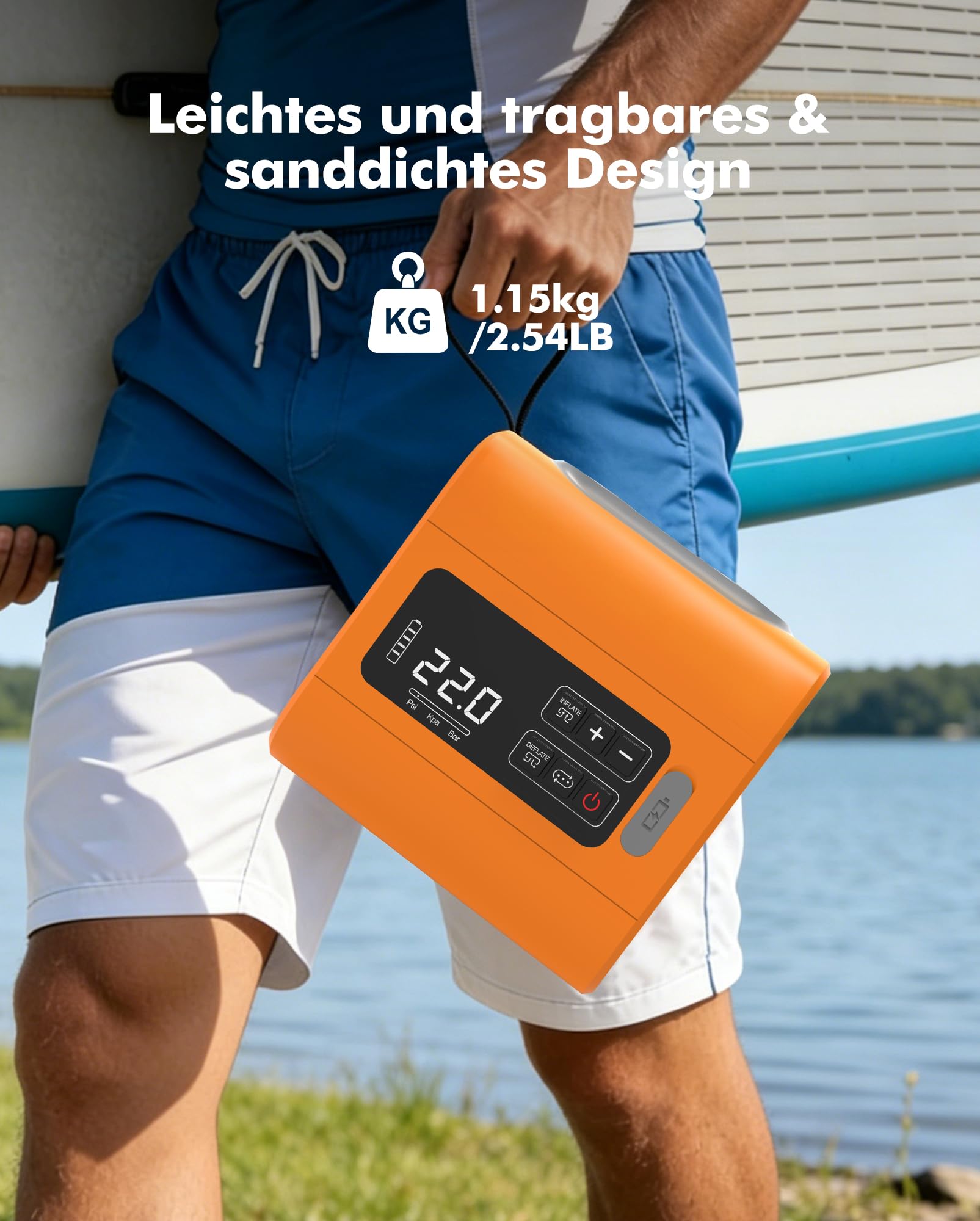 AKSOUL SUP Pumpe Elektrische Akku 22PSI: Wiederaufladbare Sup Motor Luftpumpe mit Sanddicht-Design für Stand Up Paddle Board Luftmatratze Camping Zelt Schlauchboot