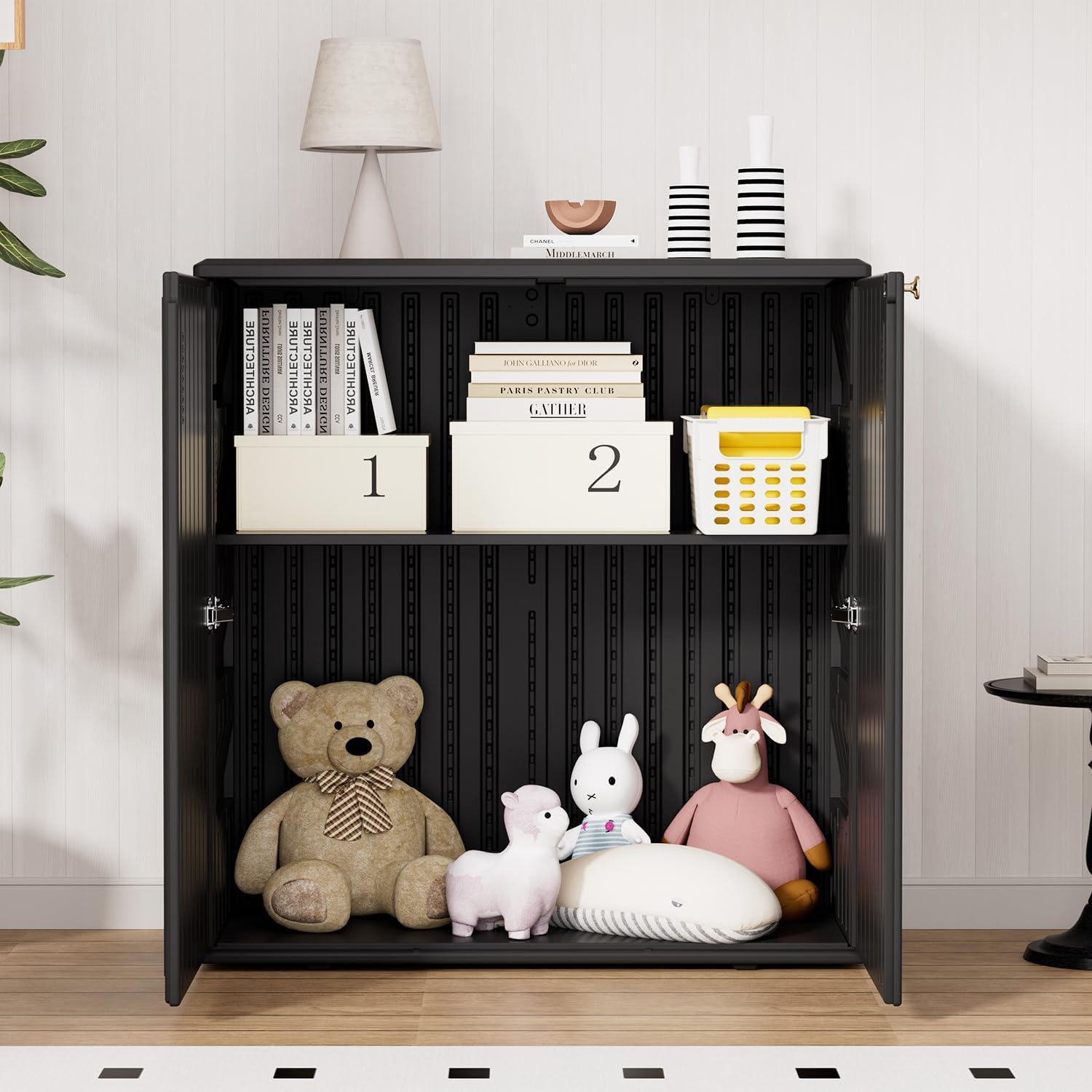 HOMSPARK Indoor/Outdoor Storage Cabinet with Doors and Shelf, 34”x15”x36” HDPE Plastic Storage Box Waterproof for Patio, Garden, Balcony, Multi-Purpose for Daily Tools, Black