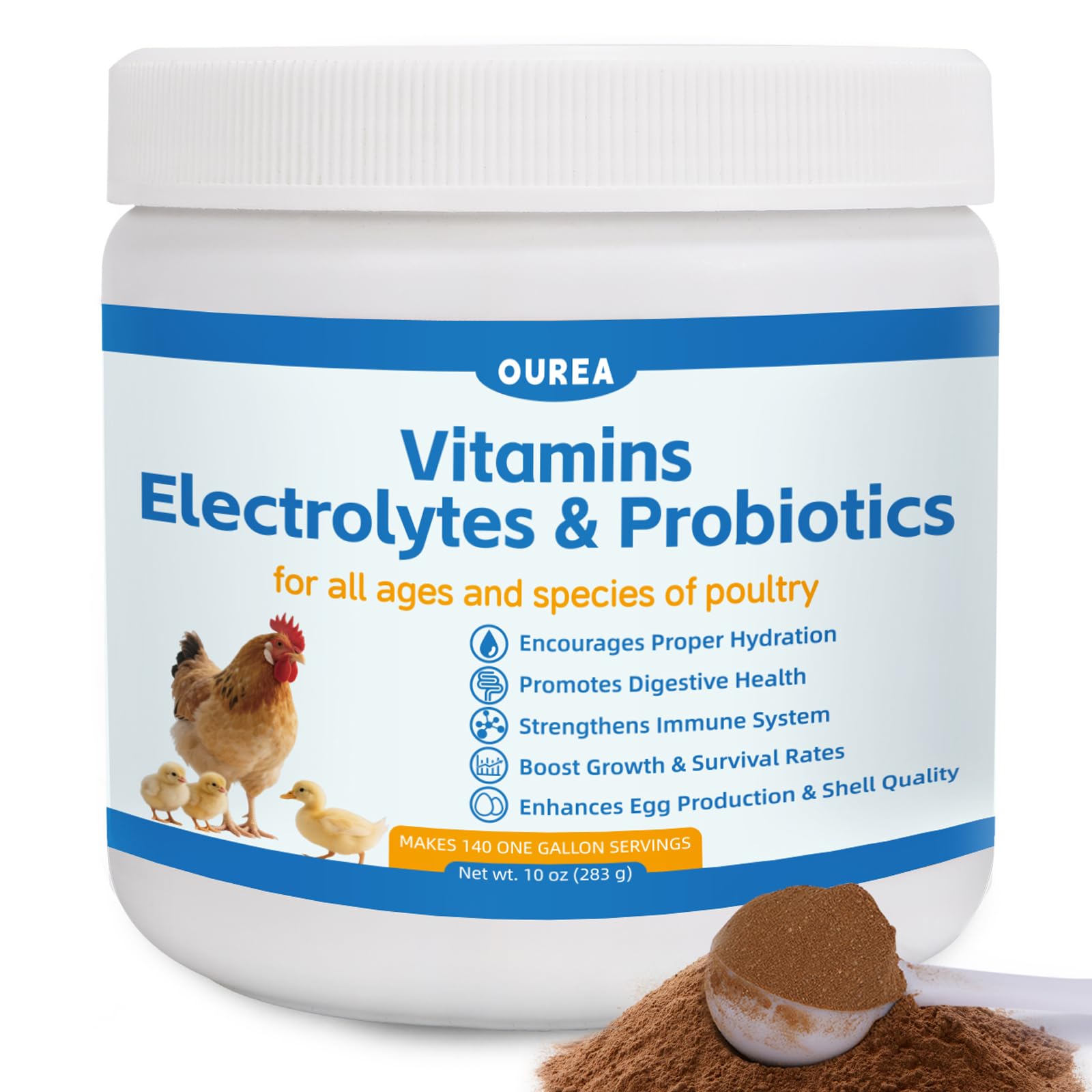 Chicken Vitamin, Electrolyte & Probiotic Powder for Hydration, Digestion, Immunity & Egg Production - Poultry Supplement for Chickens, Ducks & All Ages of Birds - All-Season Formula, 10 oz