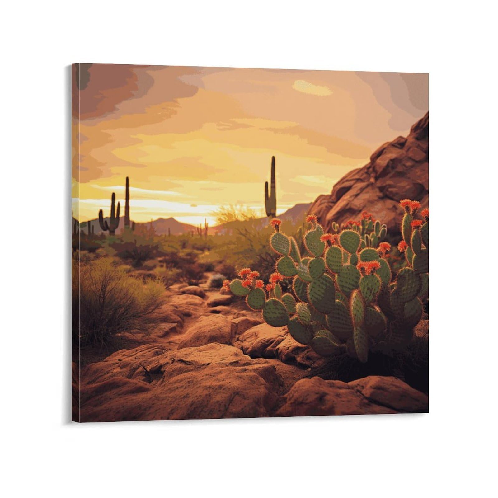 KLOPH Cactus at Sunset Poster Canvas Wall Art for Living Room 08x8inch Modern Artwork Painting for Bathroom Hanging Canvas Prints Aesthetic Wallart for Bedroom Kitchen Office Wall Decor
