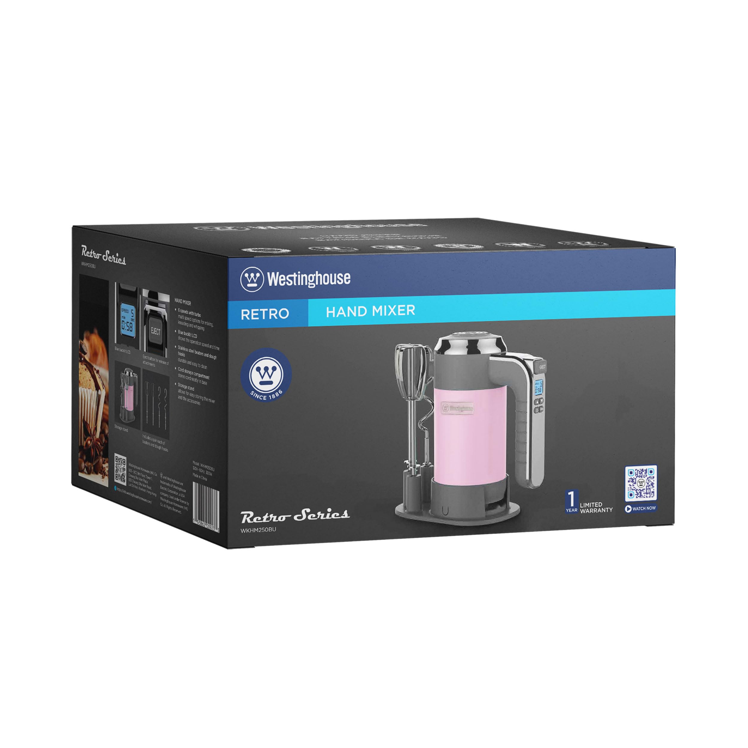 Westinghouse Retro Handmixer, 5 Geschwindigkeitsstufen + Turbofunktion, 2 Rührbesen, 2 Knethaken, LCD-Anzeige, Timer, Sockelboden, 350 Watt, pink