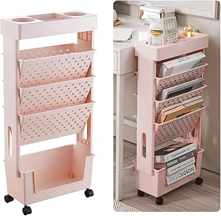 Estantería móvil de 5 niveles con ruedas giratorias, carrito de almacenamiento compacto para libros y exhibición, estante esquinero delgado, multiusos, color rosa, 37,5 x 15 x 78 cm