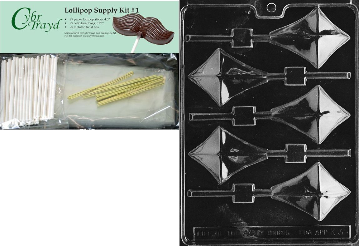 Cybrtrayd 45StK25G-K003 Kite Lolly Kids Chocolate Candy Mold with Lollipop Supply Bundle, Includes 25 Lollipop Sticks, 25 Cello Bags, 25 Gold Twist Ties, Instructions