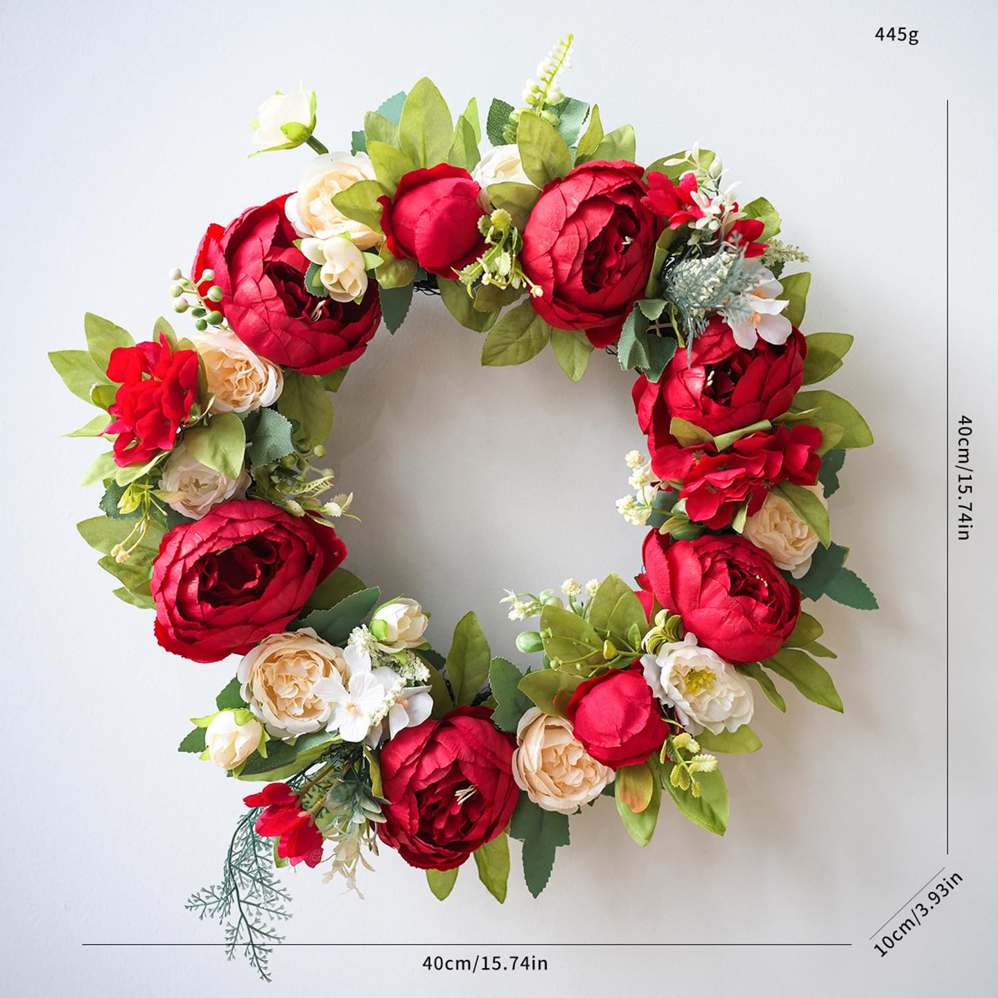 Künstlicher Dekokranz,40cm Rot Pfingstrosen Türkranz mit Blumen und Blätter,Türkranz für alle Jahreszeiten, für Zuhause, Haustür, Wände, Fenster, Festivals und Hochzeiten Deko