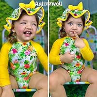 Vista 34 de Aalizzwell Traje de baño de una pieza de manga larga con sombrero para bebé niña Sirena cian
