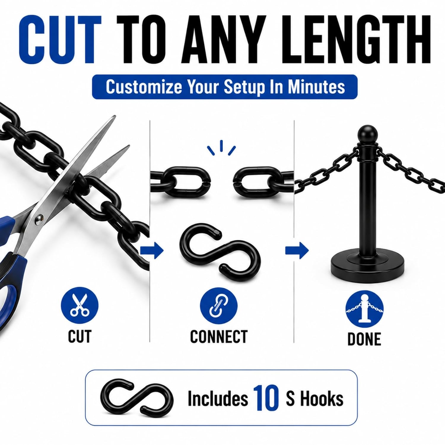 30FT Plastic Chain, 6mm Plastic Safety Barrier Chain with 10 S Hooks & Storage Bag, UV Resistant, Easy-to-Cut Plastic Chain Links for Crowd Control, Parking Areas, Driveways, Events and Fences（Black）