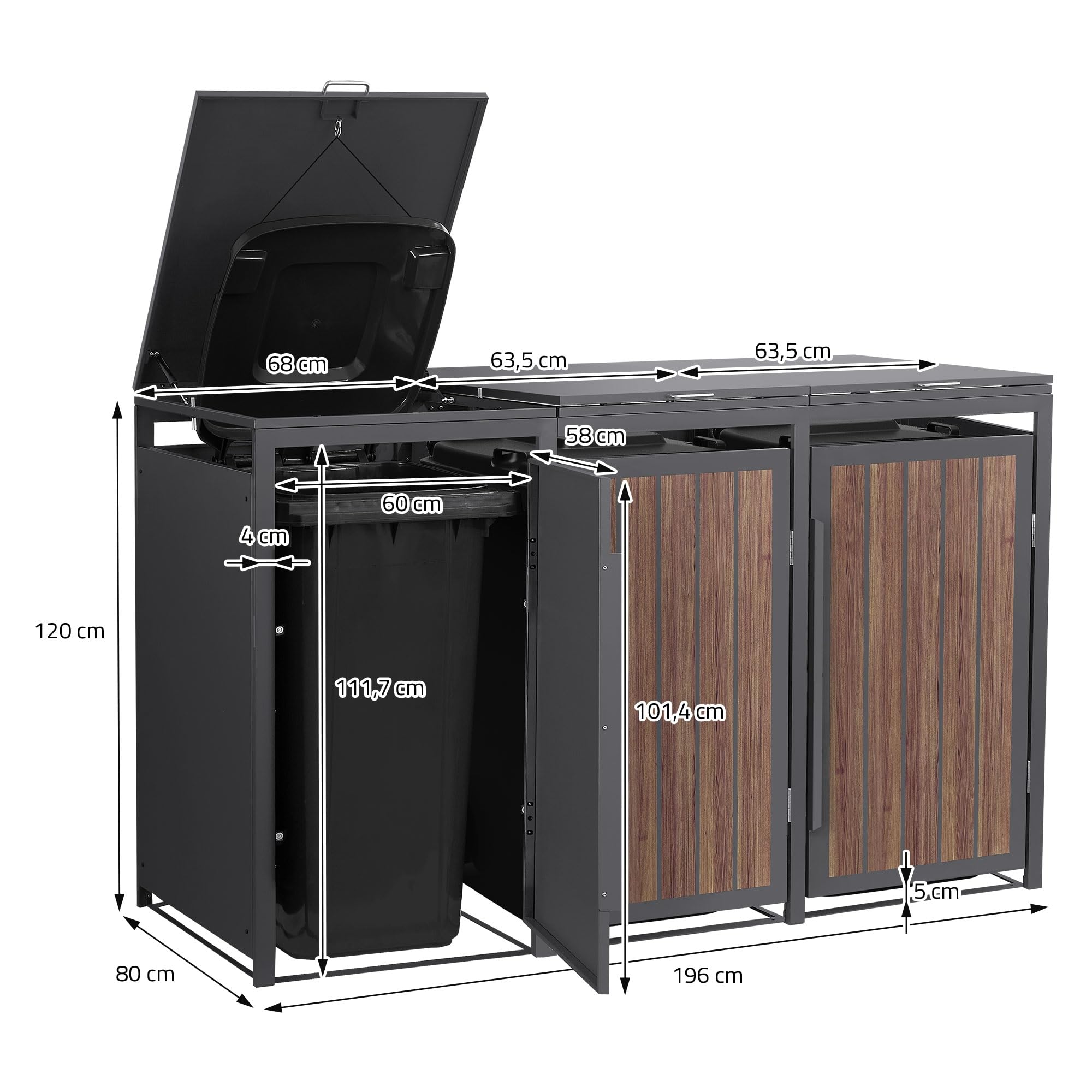 ML-Design Mülltonnenbox 3er 240L, Mülltonnenverkleidung für 3 Mülltonnen, Müllbox wetterfest, Mülltonnenhaus aus Stahl, Müllcontainer mit Klappdeckel & Tür, Gerätebox 196x80x120 cm Anthrazit-Holzoptik