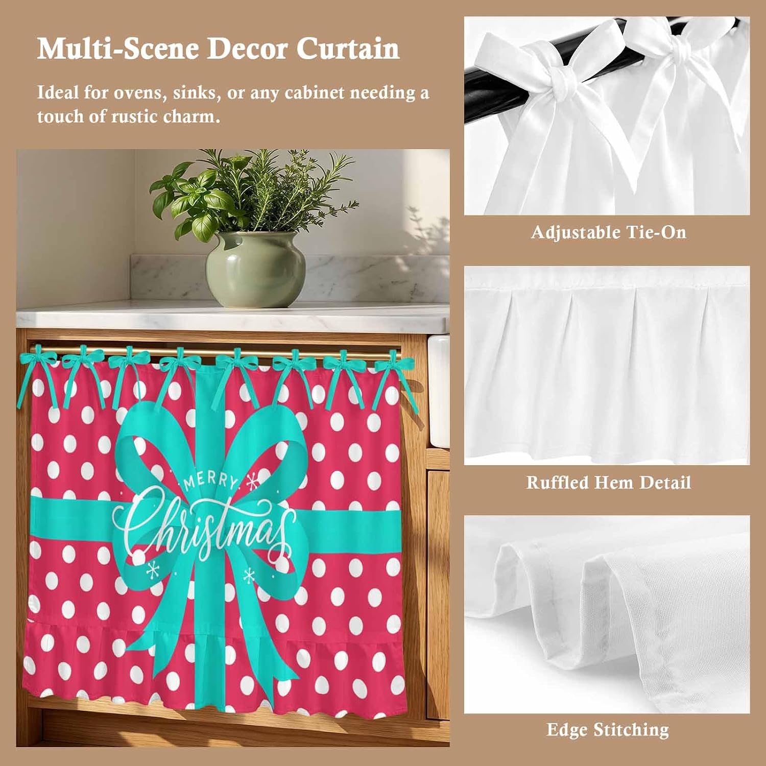 Merry Christmas Oven Curtain with Tie Top, Minimalist Cyan Ribbon Bow Red Pink Polka Dot Oven Skirt Curtains with Tie Top Cabinet Cover Curtain for Small Kitchen Apartment Decor 27 x 20 Inches image 2