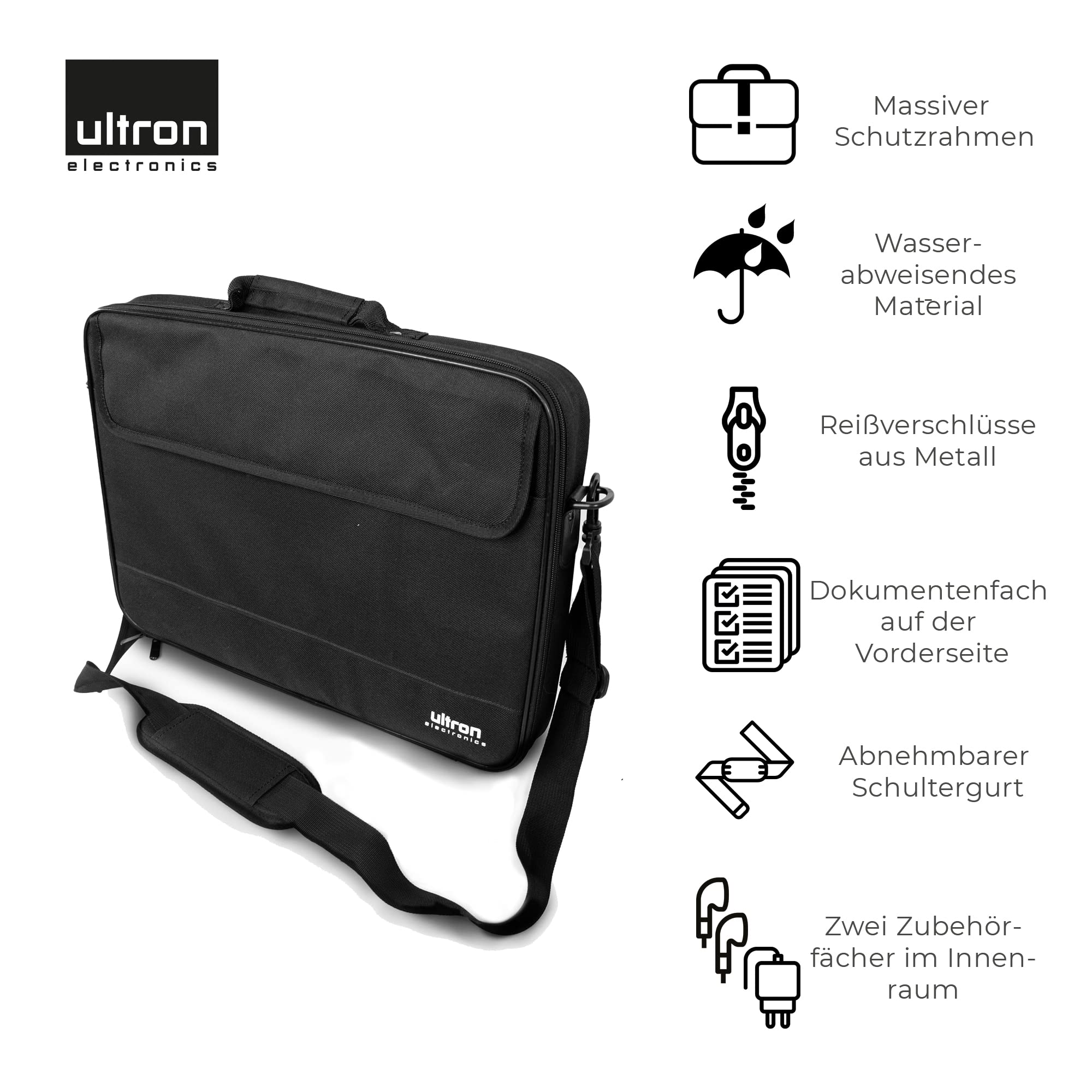 ultron Case Plus kompaktowa torba na laptopa, torba na ramię z kieszeniami do przechowywania akcesoriów, do laptopów o przekątnej do 15,6 cala (39,6 cm), czarna, 1 sztuka