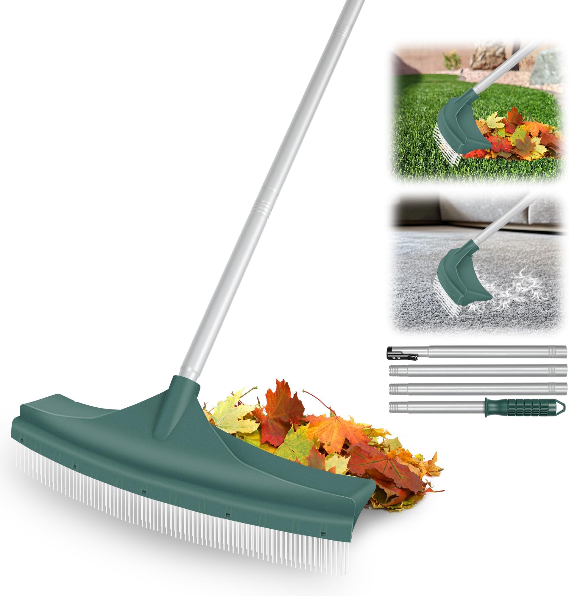 ORIENTOOLS Artificial Grass Brush, Curved Turf Rake Artificial Lawn Rack with Adjustable Steel Handle 80 to 134 CM, Fake Rake with PA Brush for Lawns and Gather leaves.