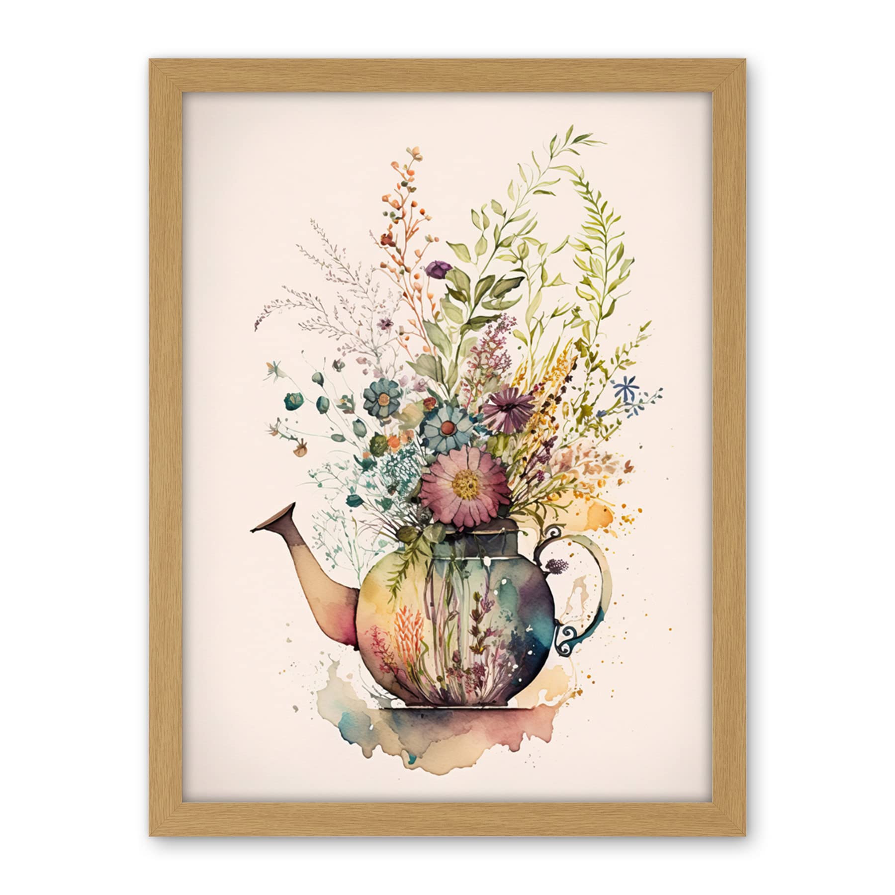 Artery8 Wildflower Floral Spring Bouquet in a Teapot Vase Artwork Framed Wall Art Print 18X24 Inch