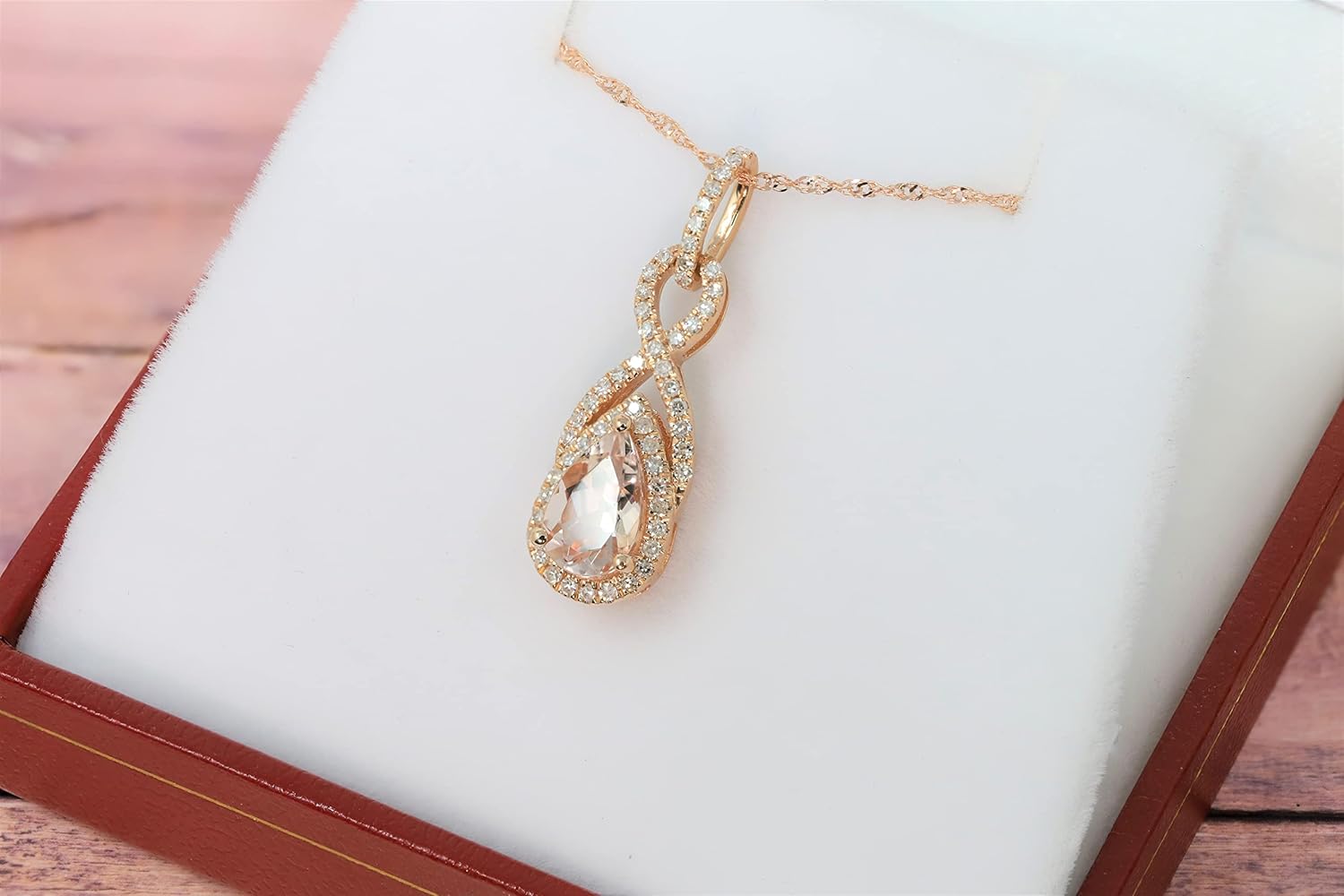 14K Solid Rose Gold Genuine Morganite 3/4 Ct Pear Shape Diamond Pendant Necklace