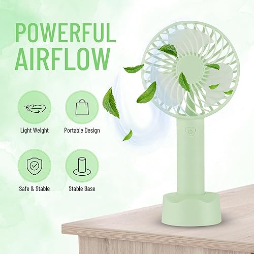 Miniatura 4 de Brago Mini ventilador de mano a pilas, pequeño ventilador portátil personal de velocidad ajustable, ventilador recargable por USB, potente
