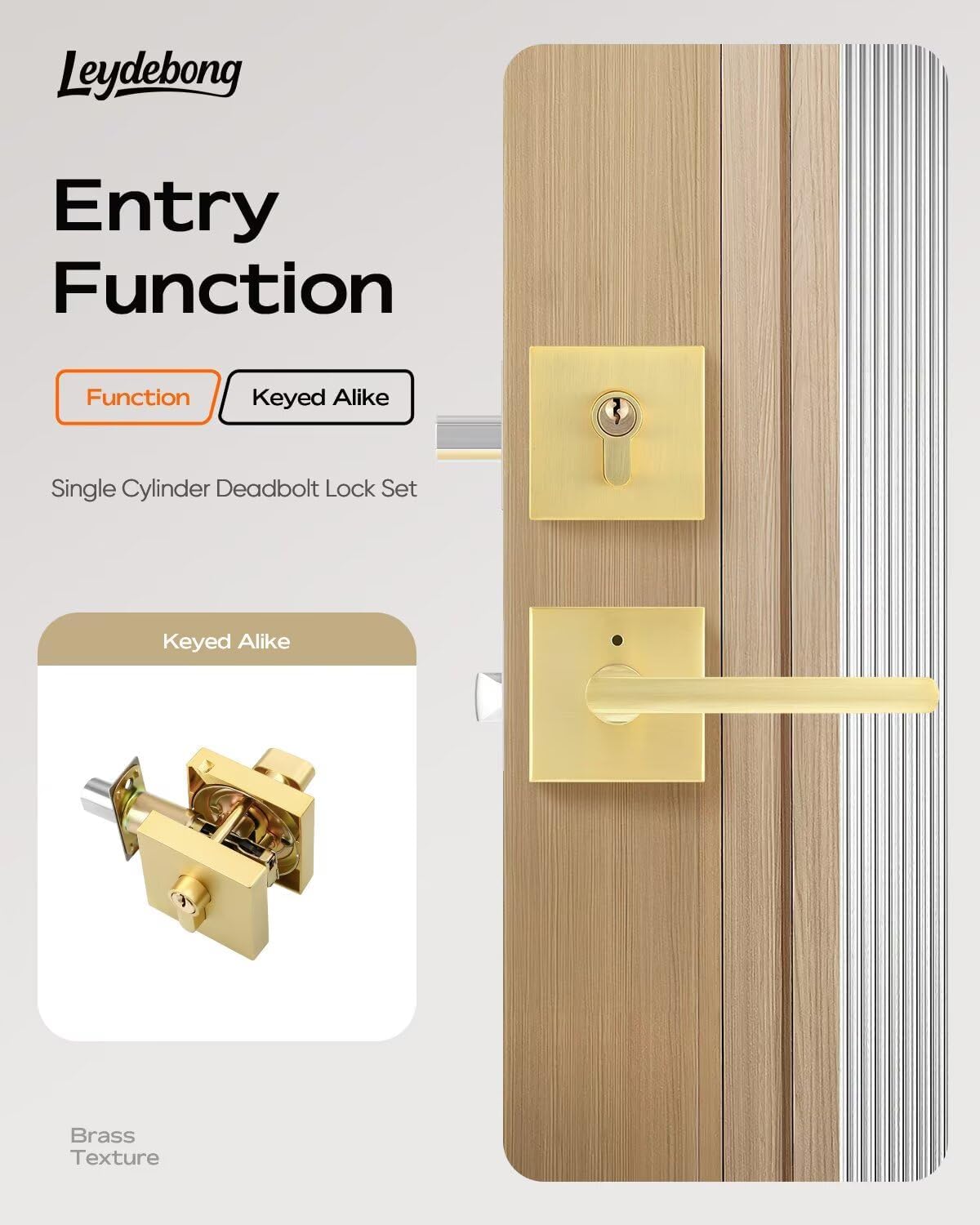 Leydebong 1 Pack Gold Door Handle Set with Single Cylinder Deadbolt, Entry Door Locksets with Deadbolt Modern Contemporary Square Design in Zinc Alloy