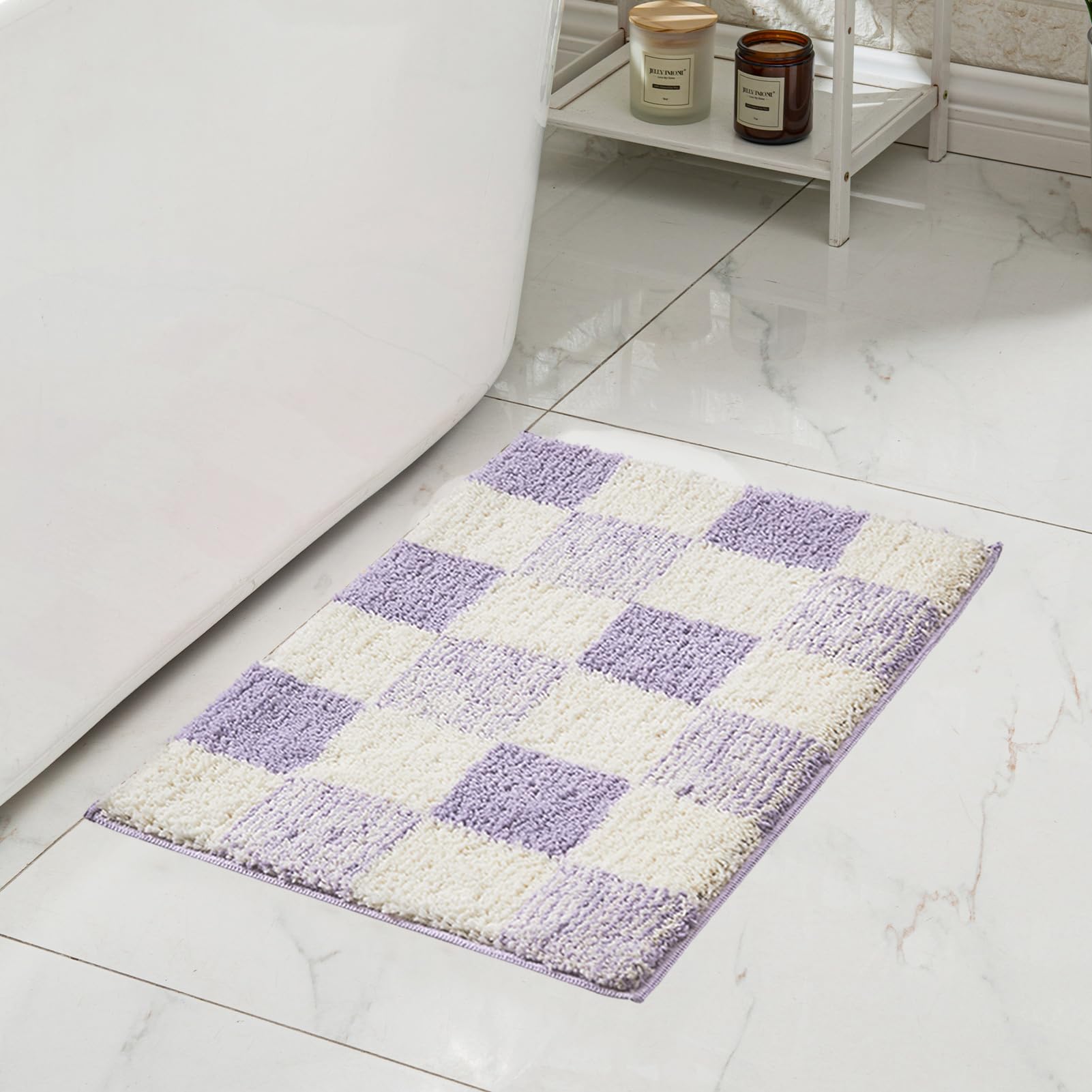 CozeCube Bath mats for Bathroom Non Slip, Fluffy Absorbent Microfiber Bath mat Washable, Aesthetic Bathroom Rugs, Cute Purple Checkered Bath mat,