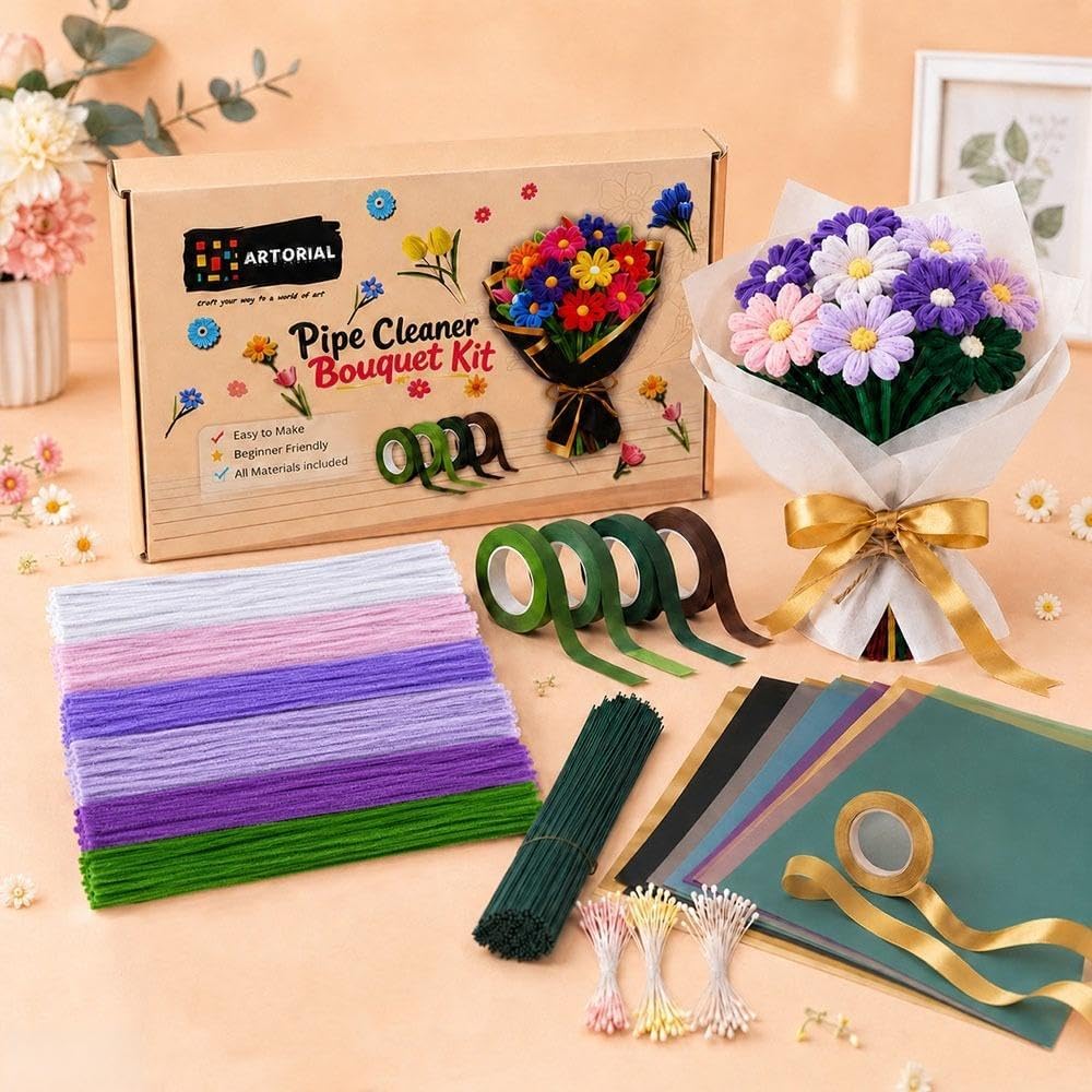 PIXORA DIY Pipe Cleaner Flower Bouquet Kit, 300 PCS Purple, Pink, White, Lavender & Green Chenille Stems with Floral Wire, Tape, Ribbon, Wrapping Paper & Stamens for Kids & Adults-image-18