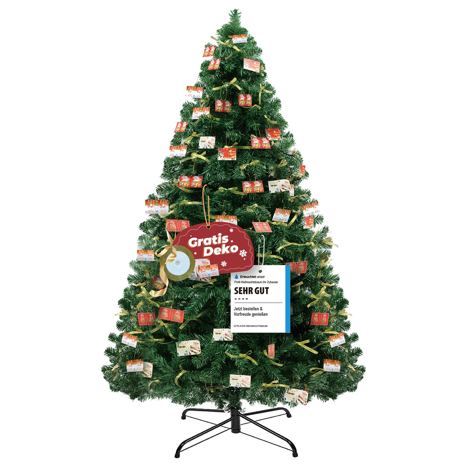 Künstlicher Weihnachtsbaum Weihnachtsdeko 195cm PVC Material mit 1000+ Spitzen Thickened Branches mit dekorativen Schleifen & Grußkarten, Stabiler Metallständer
