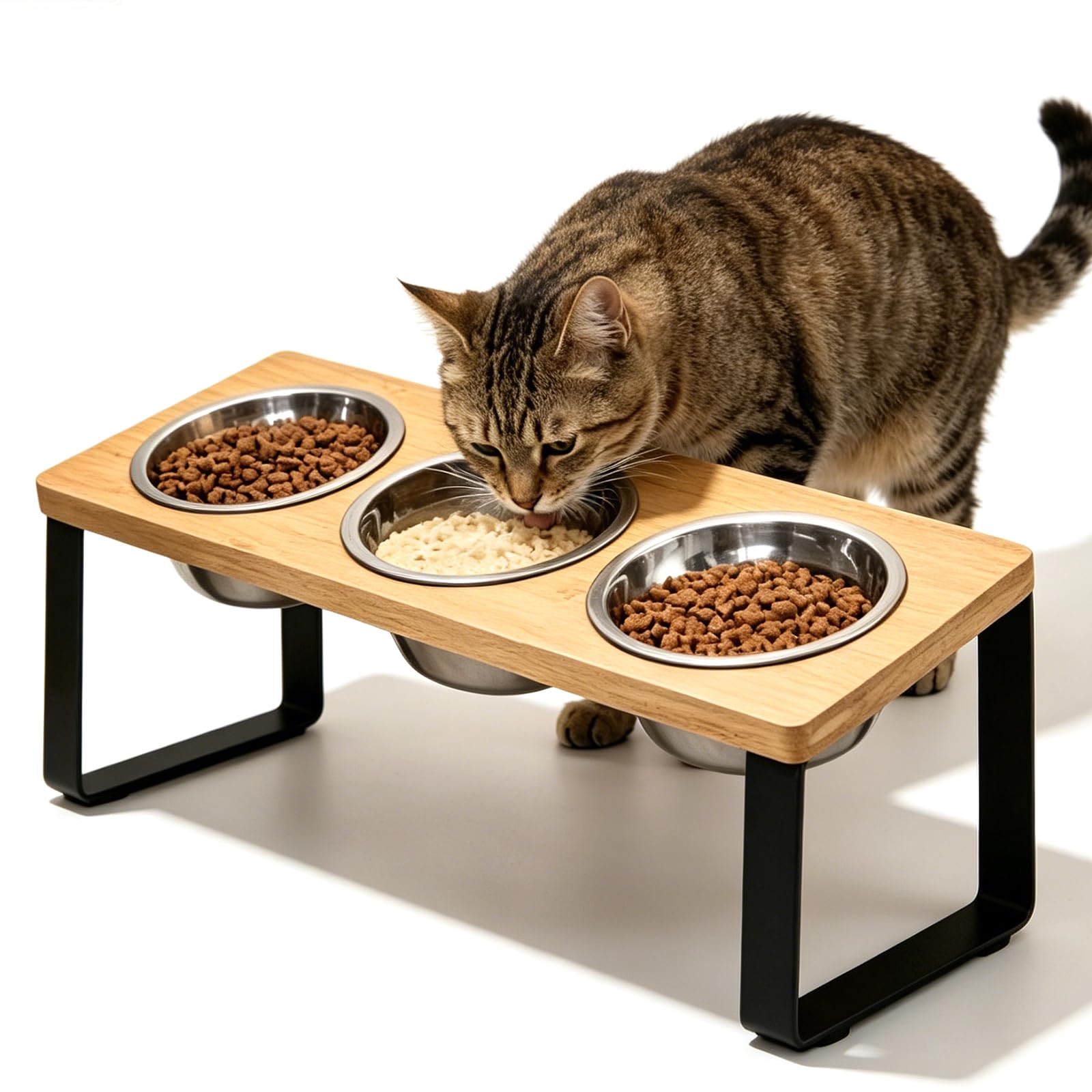 Gamelle Surélevée pour Chat, Station d'alimentation Surélevée avec 3 Gamelles en Acier Inoxydable, Ensemble de Gamelles inclinées à 15° avec Support en Bois, Gamelle pour Chat et Chien
