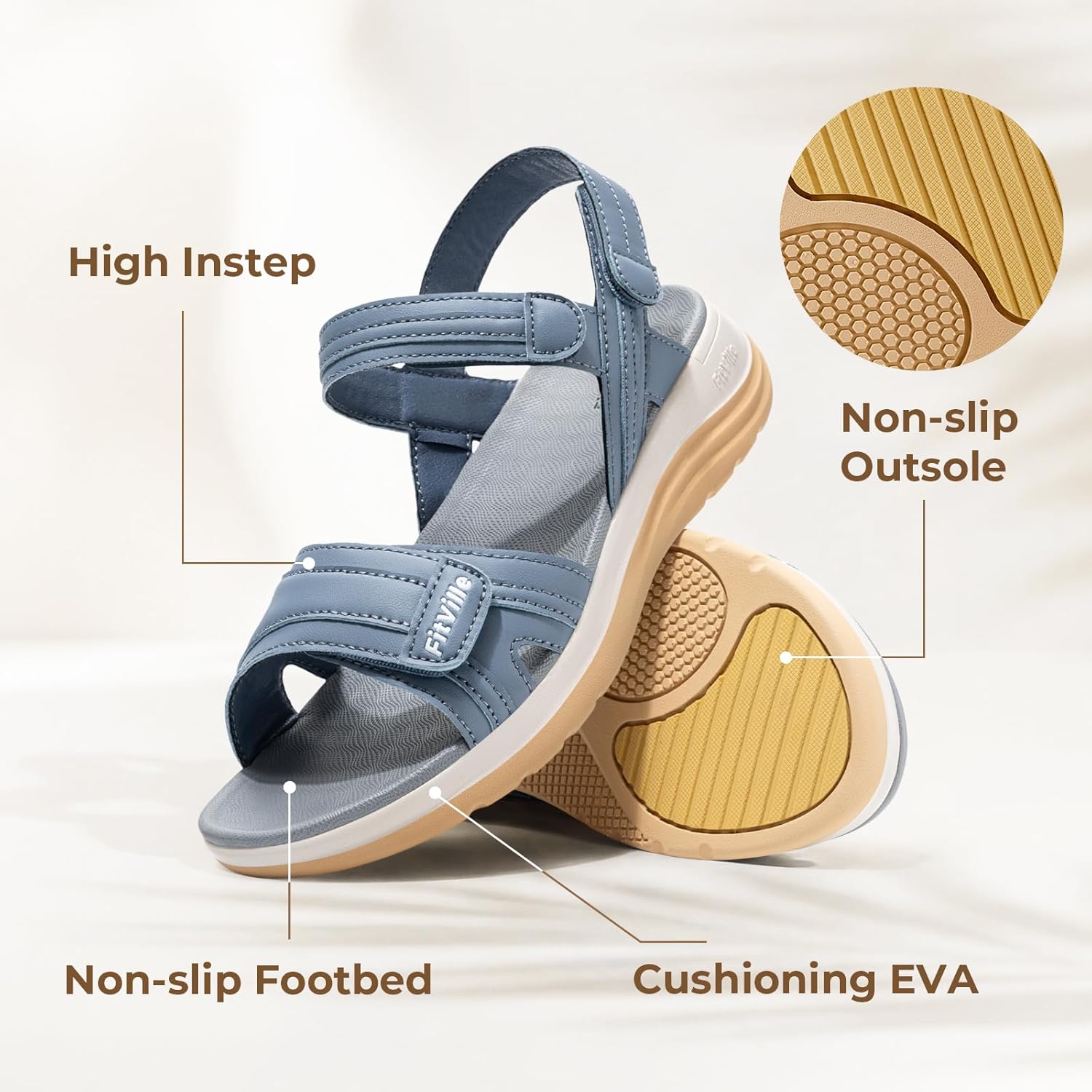 FitVille Women's Orthopedic Wide Sandals, Adjustable Strap Flat Sandals for Women, Wide Width | Arch Support | Plantar Fasciitis | Swollen Feet