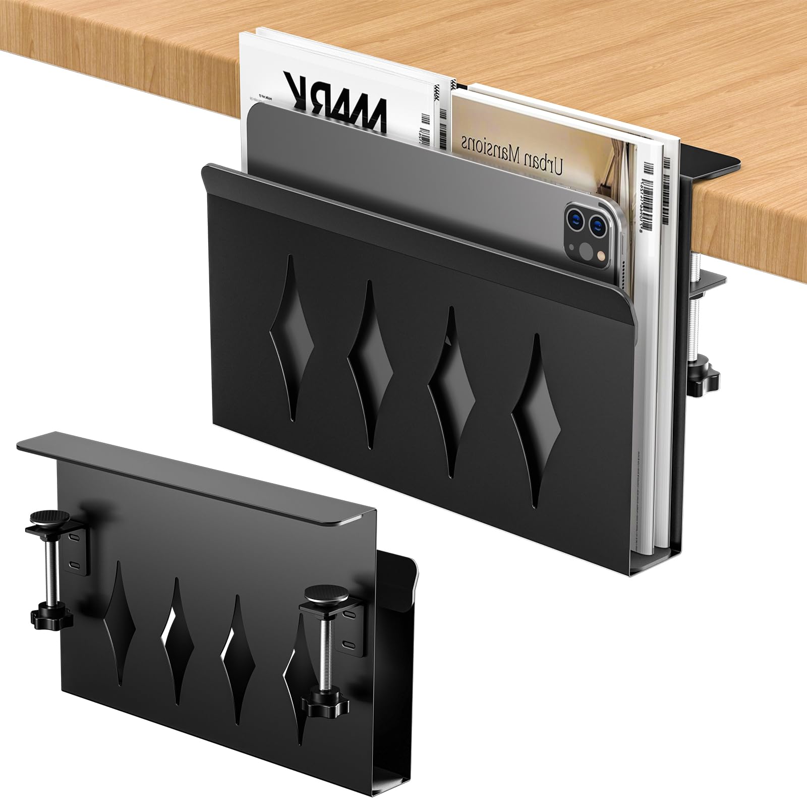 Deskside Storage Rack, Magazine Rack, Table Side Pockets, PC Stand, Tablet Storage, Around Desk, Vertical, Clamp Type, Easy to Install, Space Saving, Black-image-44