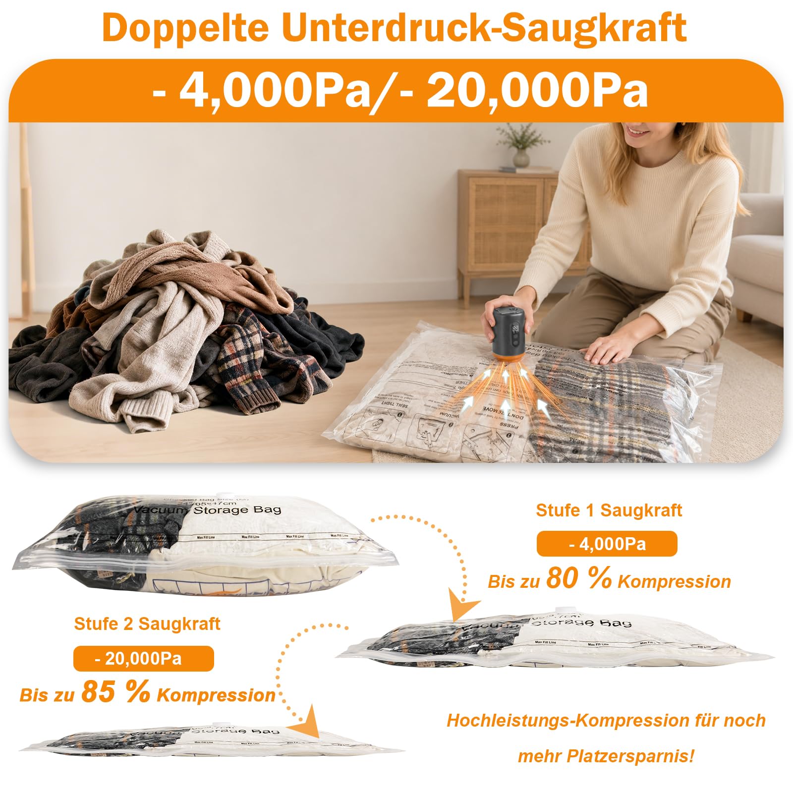 AIMAX Vakuumbeutel für Kleidung mit Kabellose Vakuumpumpe, 2 Saugstufen-4.000 Pa & 20.000 Pa Saugkraft, 16 Stück (8 * 42x55cm, 6 * 65x47cm, 2 * 74x54cm), Speziell für Reisen und Kofferorganisation