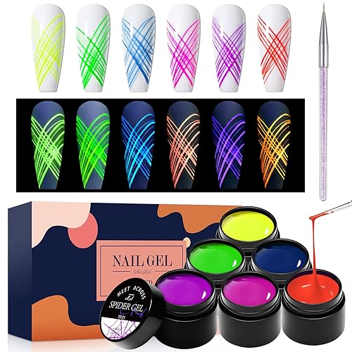 MEET ACROSS Gel de araña luminoso de 6 colores, gel de dibujo de arte de uñas que brilla en la oscuridad, pintura de gel de araña de dibujo elástico