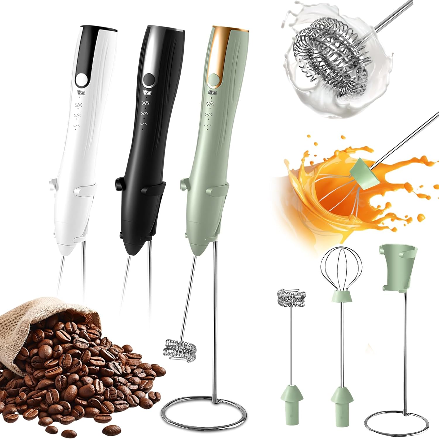 Milk frother rechargeable,milk frother wand handheld rechargeable electric whisk with 2 heads coffee drink mixer,frother with stand(green)