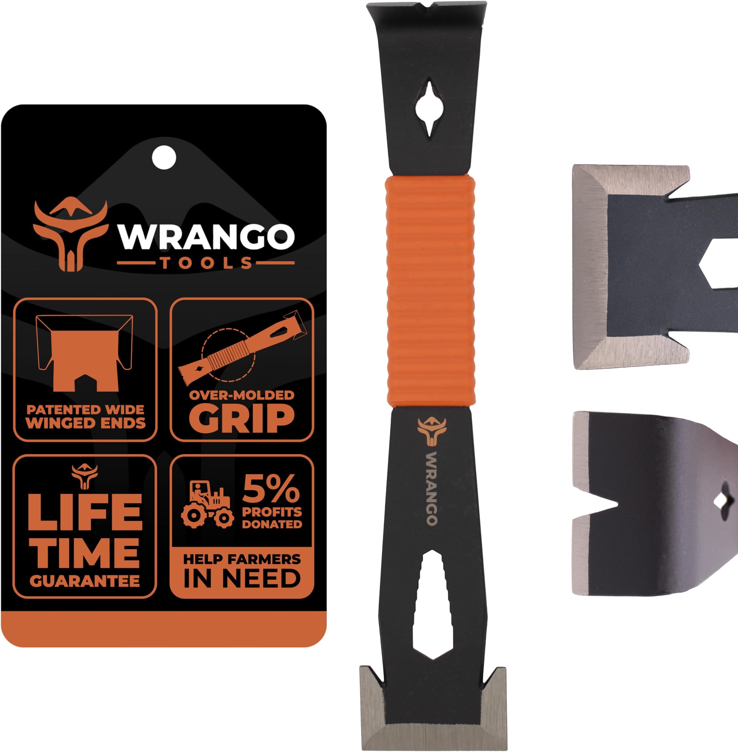 Wrango Tools - 9.5" Trim Bar Pry Bar - Patented Flat Bar Nail Puller with Wide Winged Ends & Shock Absorbing Grip - Lifetime Warranty - 5% Donated To Help Farmers
