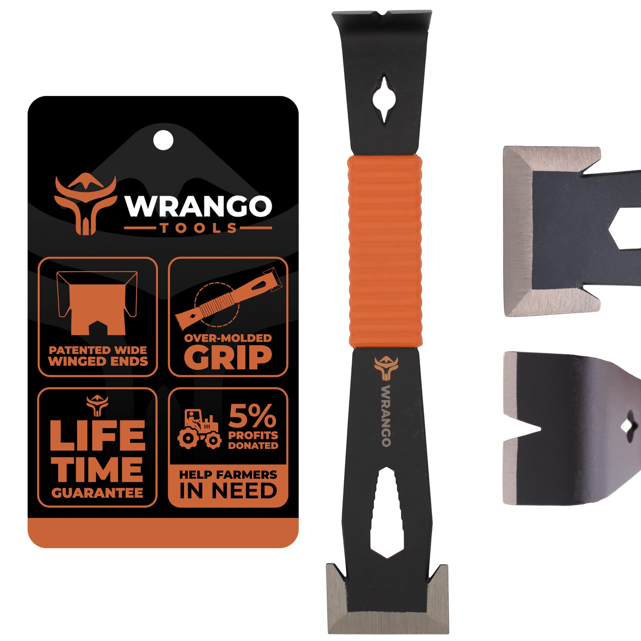 Wrango Tools 9.5" Trim Bar Pry Bar - Patented Small Pry Bar with Bolt Remover & Nail Puller for Home Improvement & Construction - Flat Bar with Shock-Absorbing Grip & Wide Winged Ends