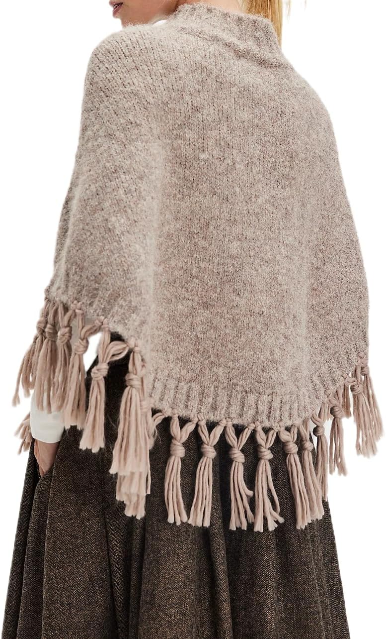 Muineobuka Women Turtleneck Poncho Sweater Fringed Hem Tassels Knitted Cropped Pullover Cape Shawl - Image 3