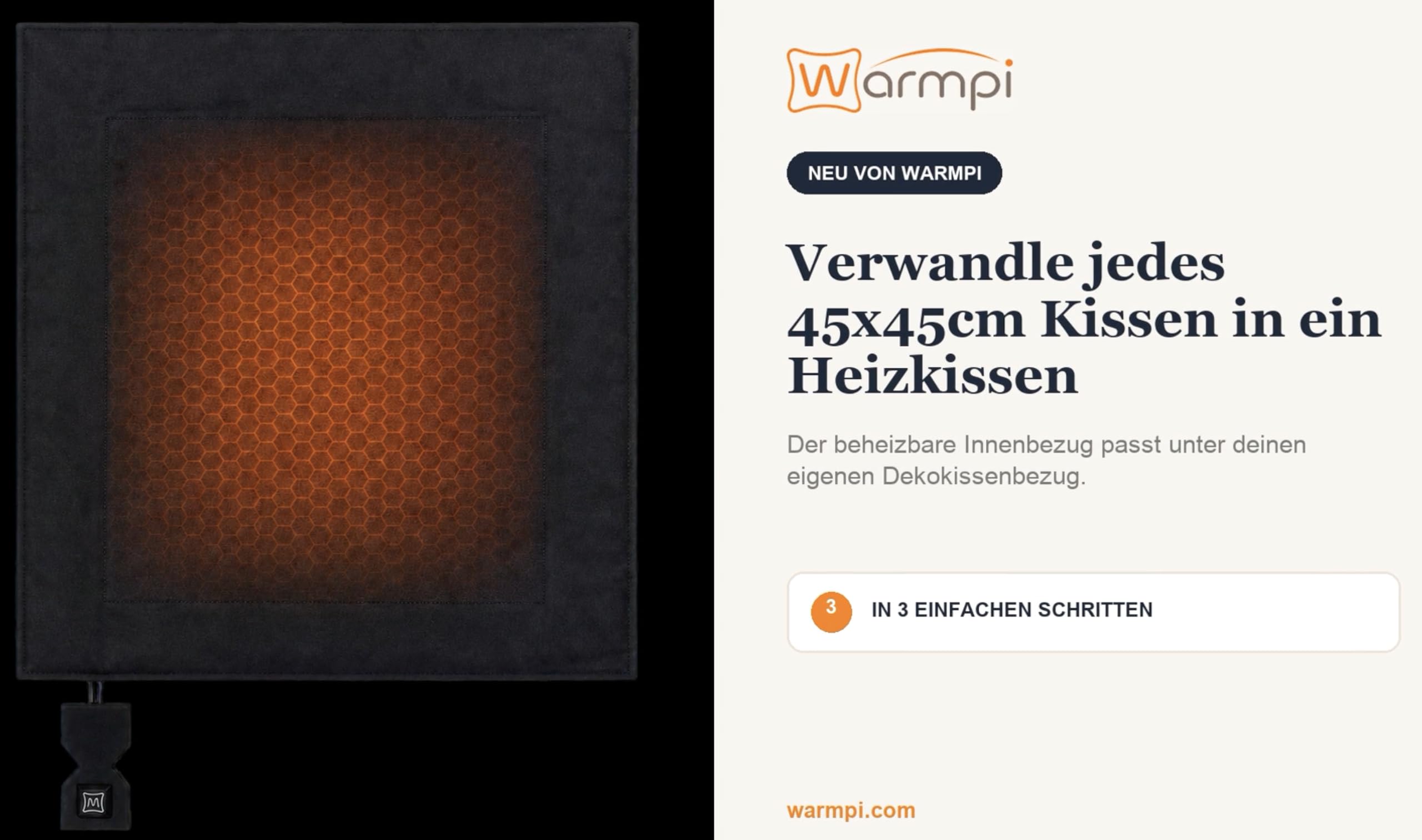 Universelles beheiztes Kissen-Inlett 45 × 45 cm mit 10.000 mAh Powerbank – Infrarot-Heizpanel – 3 Wärmestufen