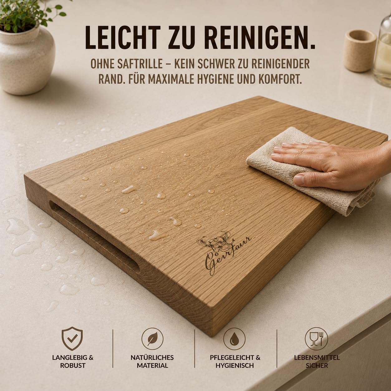 Centaur Massivholz Schneidebrett Made in Germany – Premium Küchenbrett aus Eiche 60x40cm – Großes Hackbrett mit Griffmulden & 3,5cm Stärke – Robust, Beidseitig Nutzbar & Öko-Massivholz