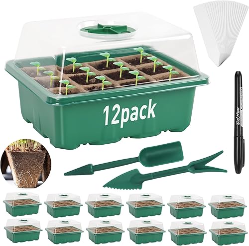 NEAGLORY Kit de 12 bandejas de inicio de semillas con cúpula de humedad, bandeja total de papel biodegradable de 144 celdas, base de invernadero