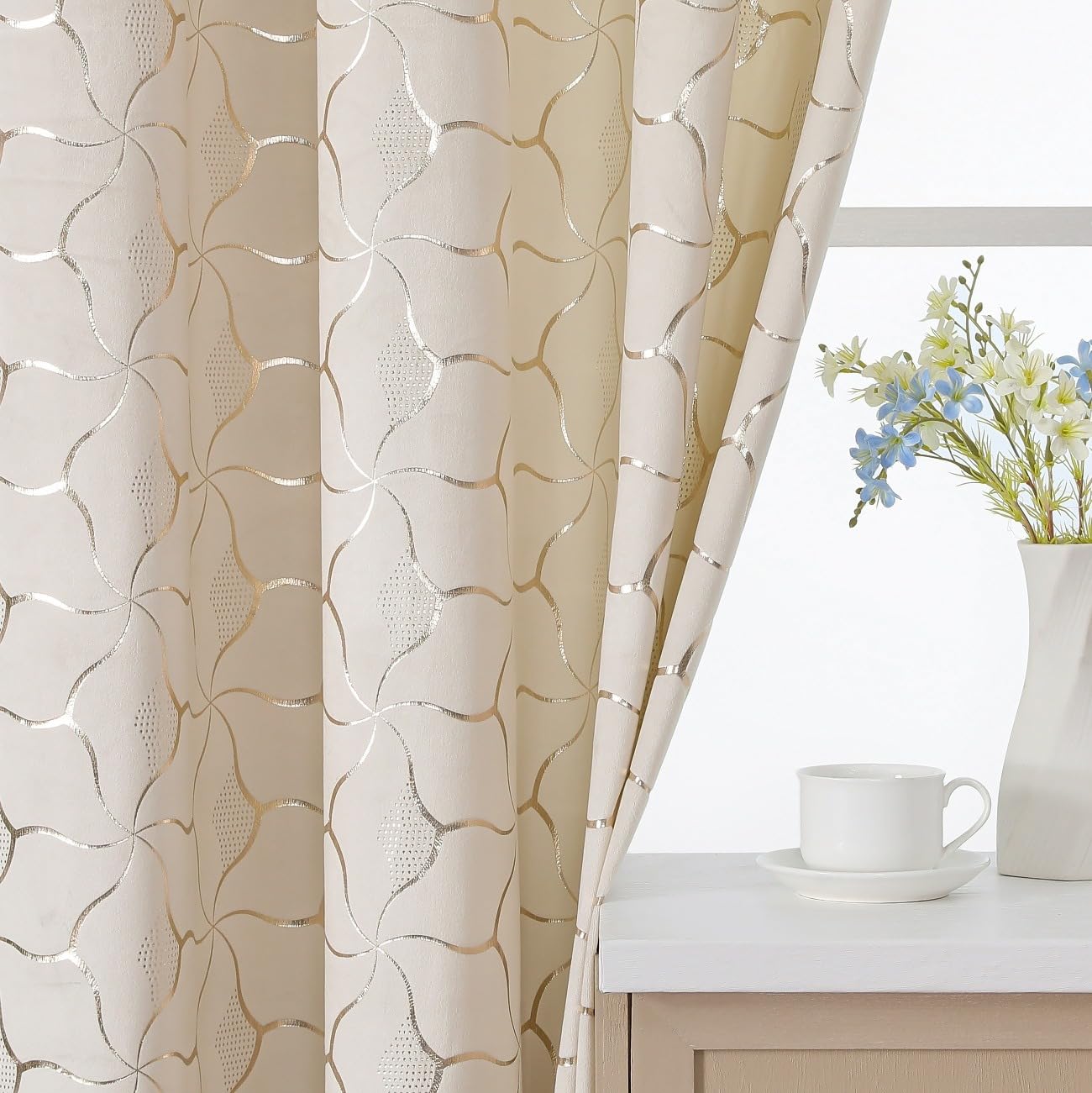 Gazal Vole Cream Velvet Curtains with Gold Foil - Decorative Geometric Lattice Eyelet Curtains, 84 inch Drop, 75-80% Room Darkening Drapes for Living Room Dining Room Bedroom and Home, 2 Panels