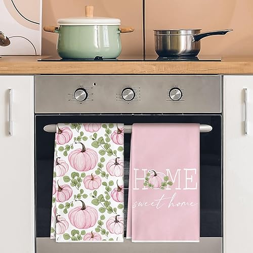 Miniatura 7 de AnyDesign Toalla de cocina de calabaza rosa de 18 x 28 pulgadas, paño de cocina de otoño con diseño de calabaza y hojas de eucalipto, secado a mano