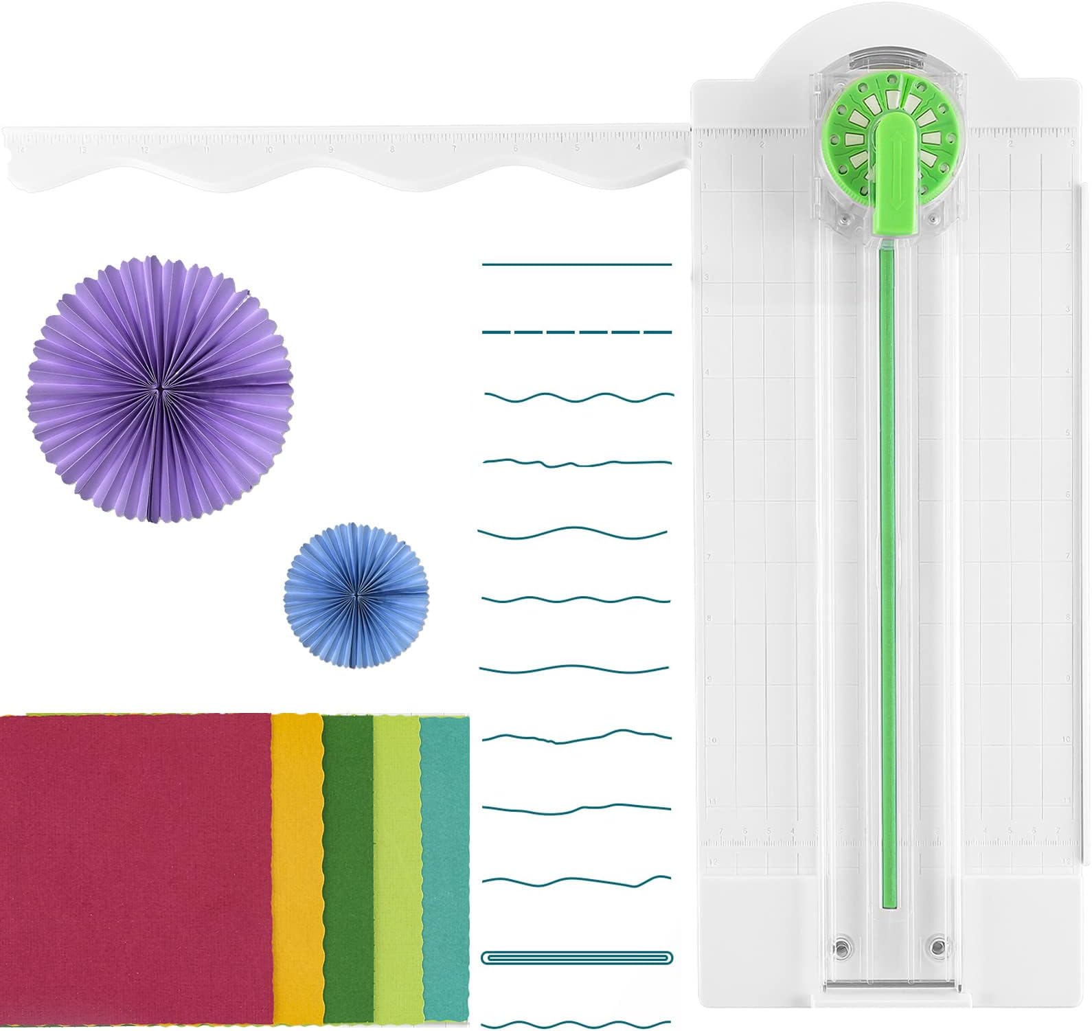 Trimmer, 12-Shapes Rotary Paper Cutter, Plastic, White+Green, 16.3x6.5inch/41.5x16.5cm, Manual, Labels, for Scrapbooking Decorative Wave Edges Cutting Tool