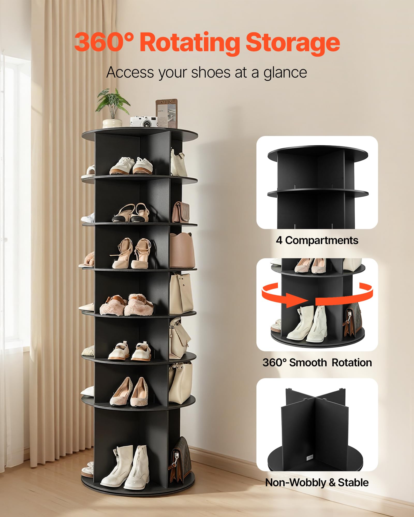 VEVOR Carosello Portascarpe Supporto Girevole a 360° con 598 x 598 x 1805 mm per 28 Paia di Scarpe 7 Ripiani, Salvaspazio, Scaffale per Scarpe per Camera da Letto, Soggiorno, Ingresso, Nero