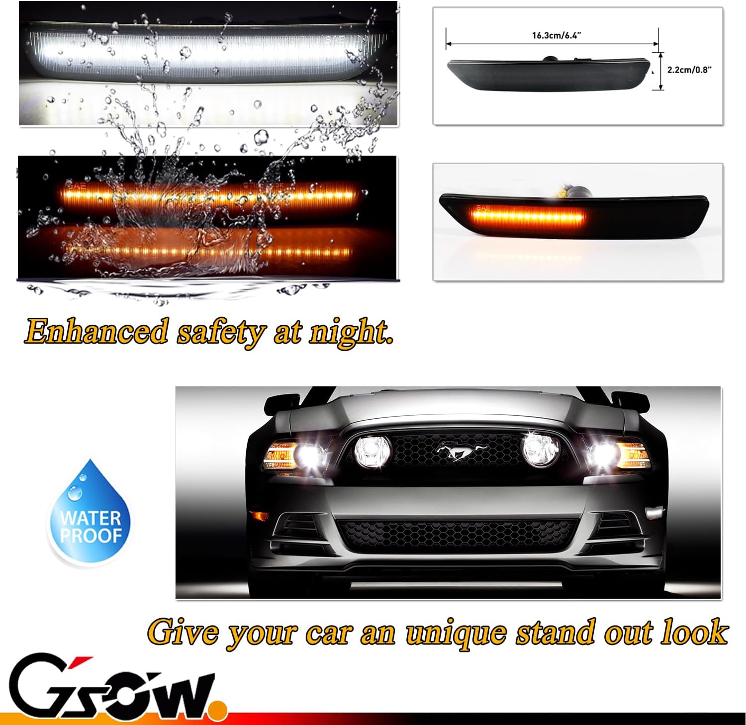 Switchback Sequential LED Side Marker Lights for Ford Mustang 2010-2014, Smoked Lens Front Bumper Amber Turn Signal Reflectors and White DRL