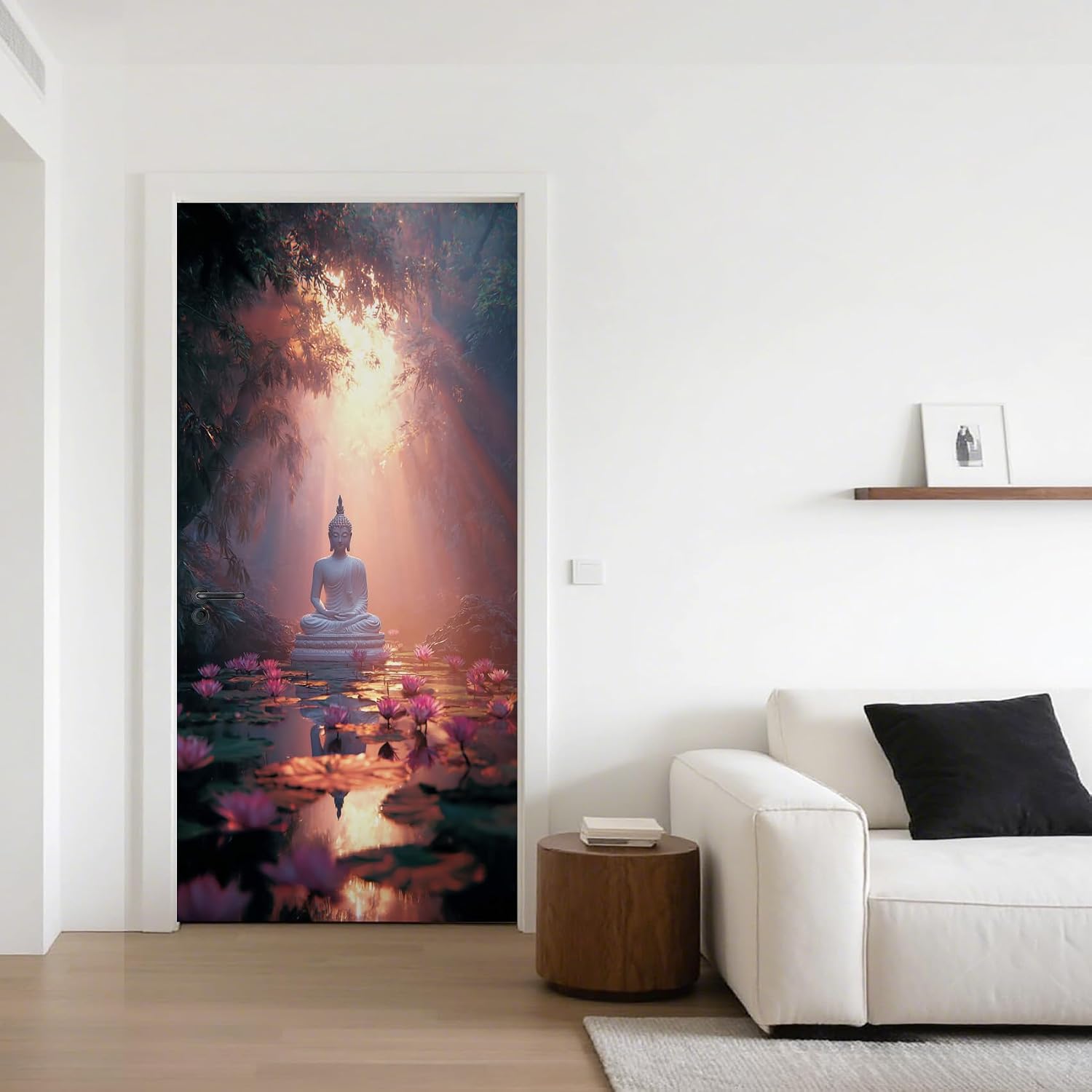 Zen Spa Door Sticker Lotus Flower Meditation Door Murals Peel and Stick Forest Trees Wallpaper Murals 3D Self-Adhesive PVC Removable Vinyl Decals for Home Decor 31.5"x78.7"