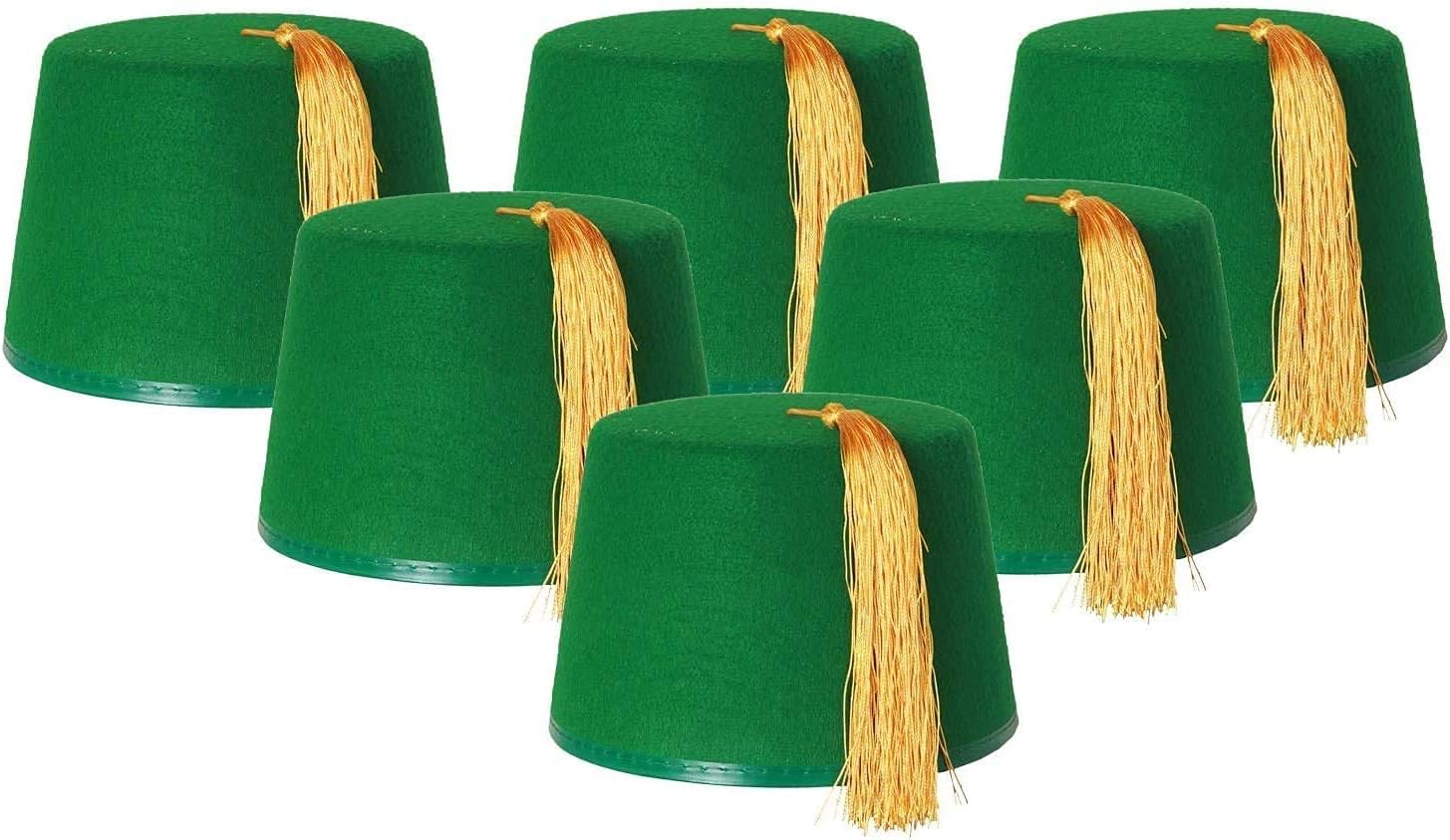 Pack of 6 Fez Hats Green Fancy Dress Costume Accessory Caps - Green Felt Fez With Gold Tassel - Unisex Felt Fez Hat for Men and Women - Perfect for Fancy Dress Parties