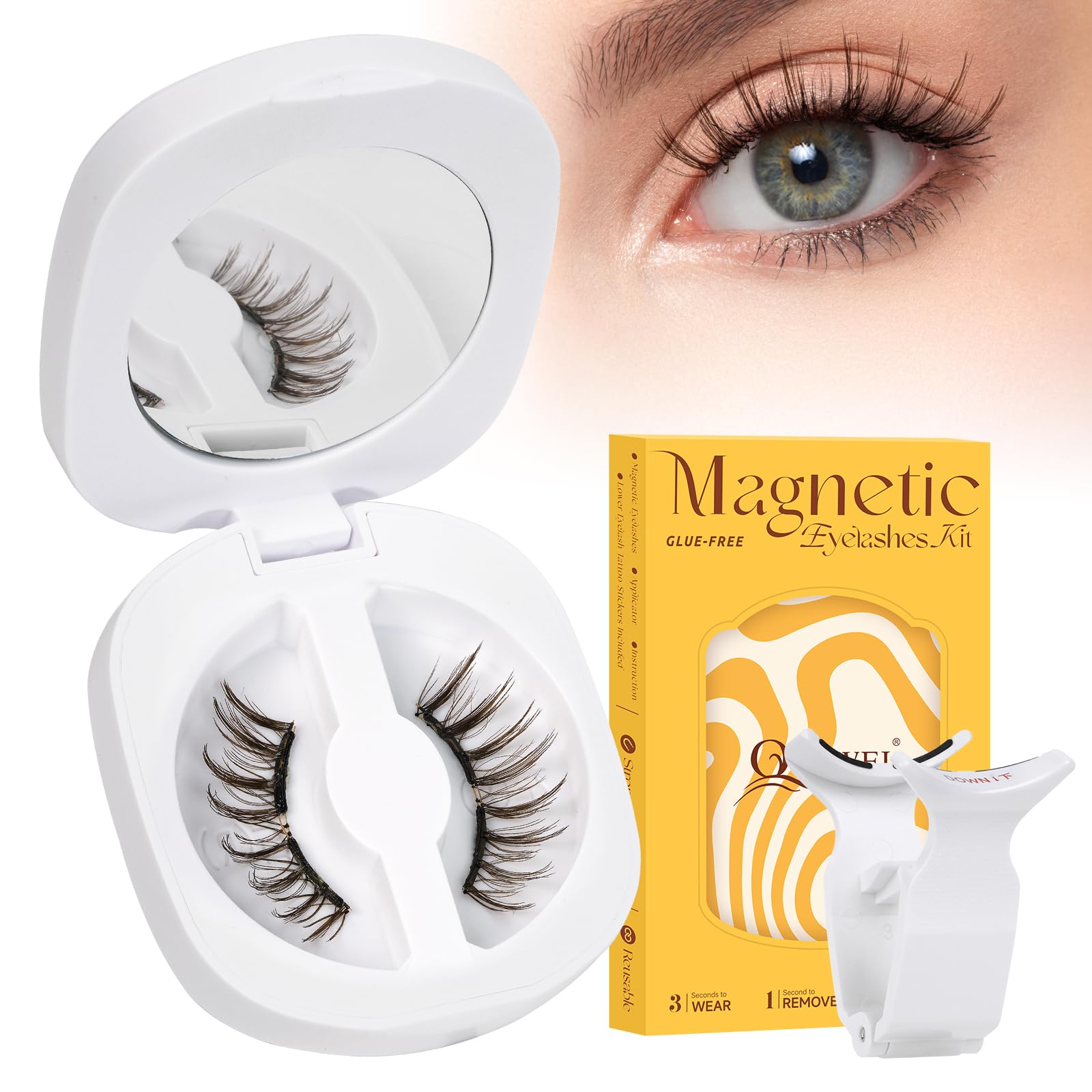 QUEWEL Magnetic Eyelashes, Reusable No Glue Needed Magnetic Eyelashes Kit with Applicator Lash Clusters Kit without Eyeliner So Soft and Easy to Wear