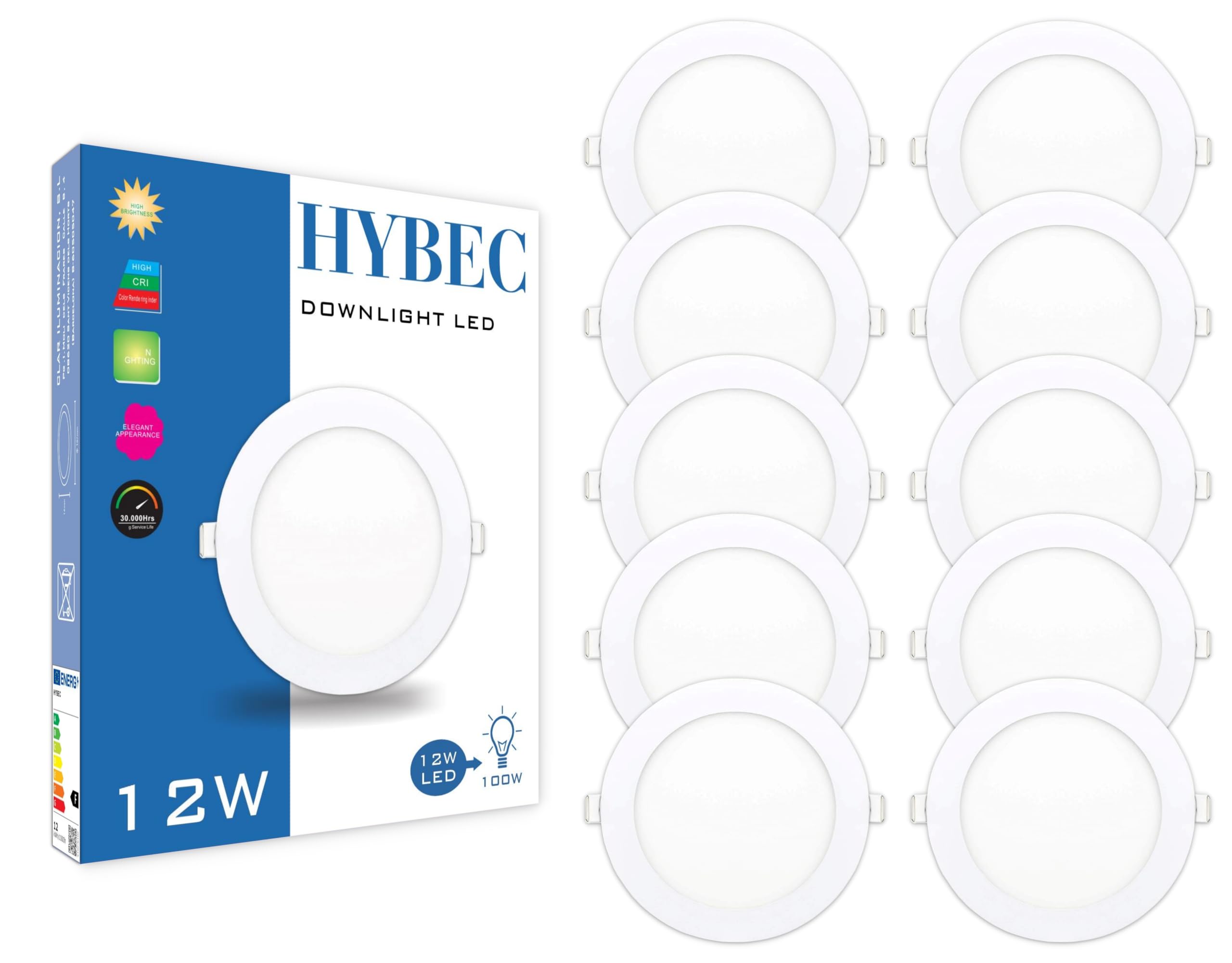 CLAR Hybec - Downlight et spot LED plafond encastrable, driver inclus, lumière froide 6000ºK 12W (Pack 10)